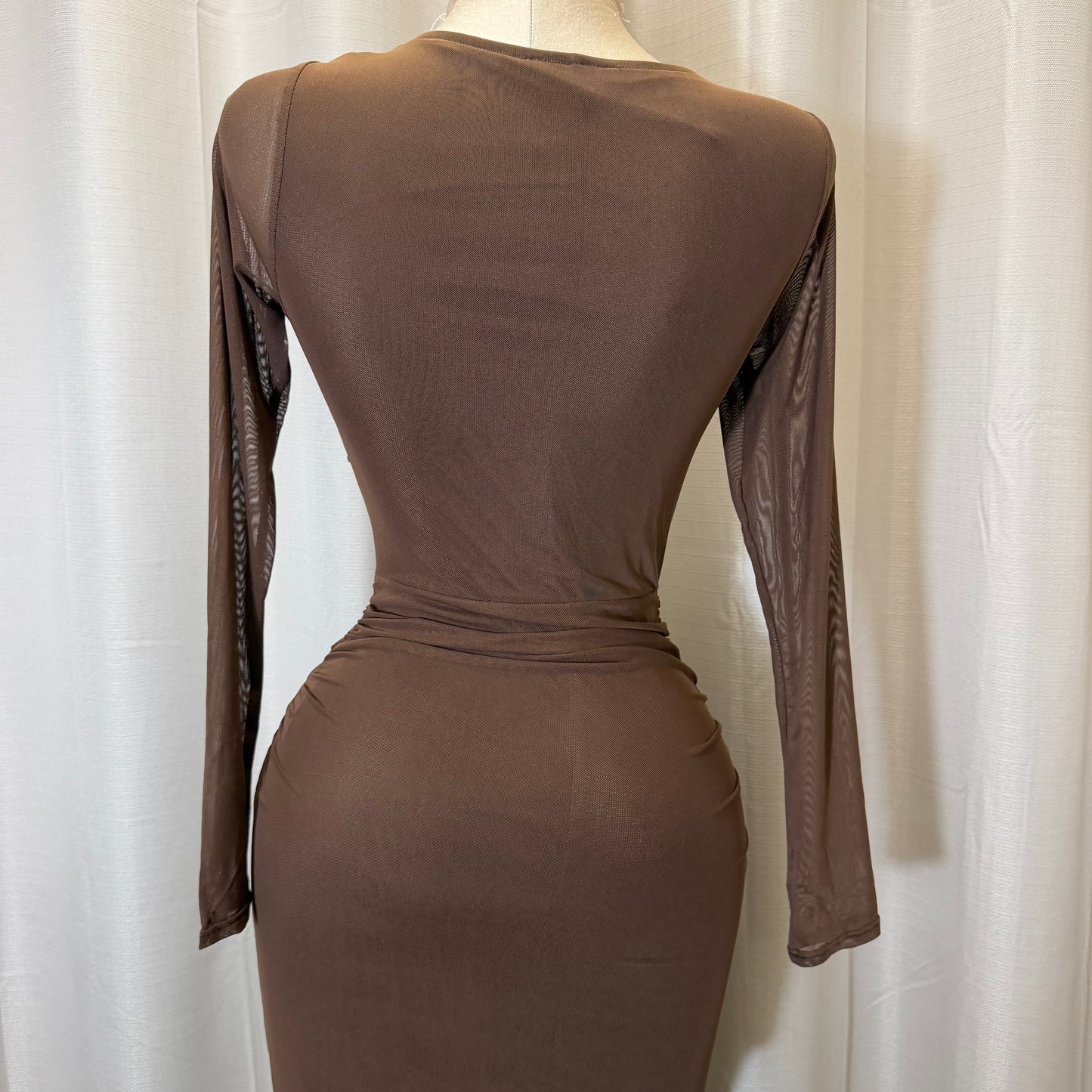 Front Trim mesh Midi dress-Brown
