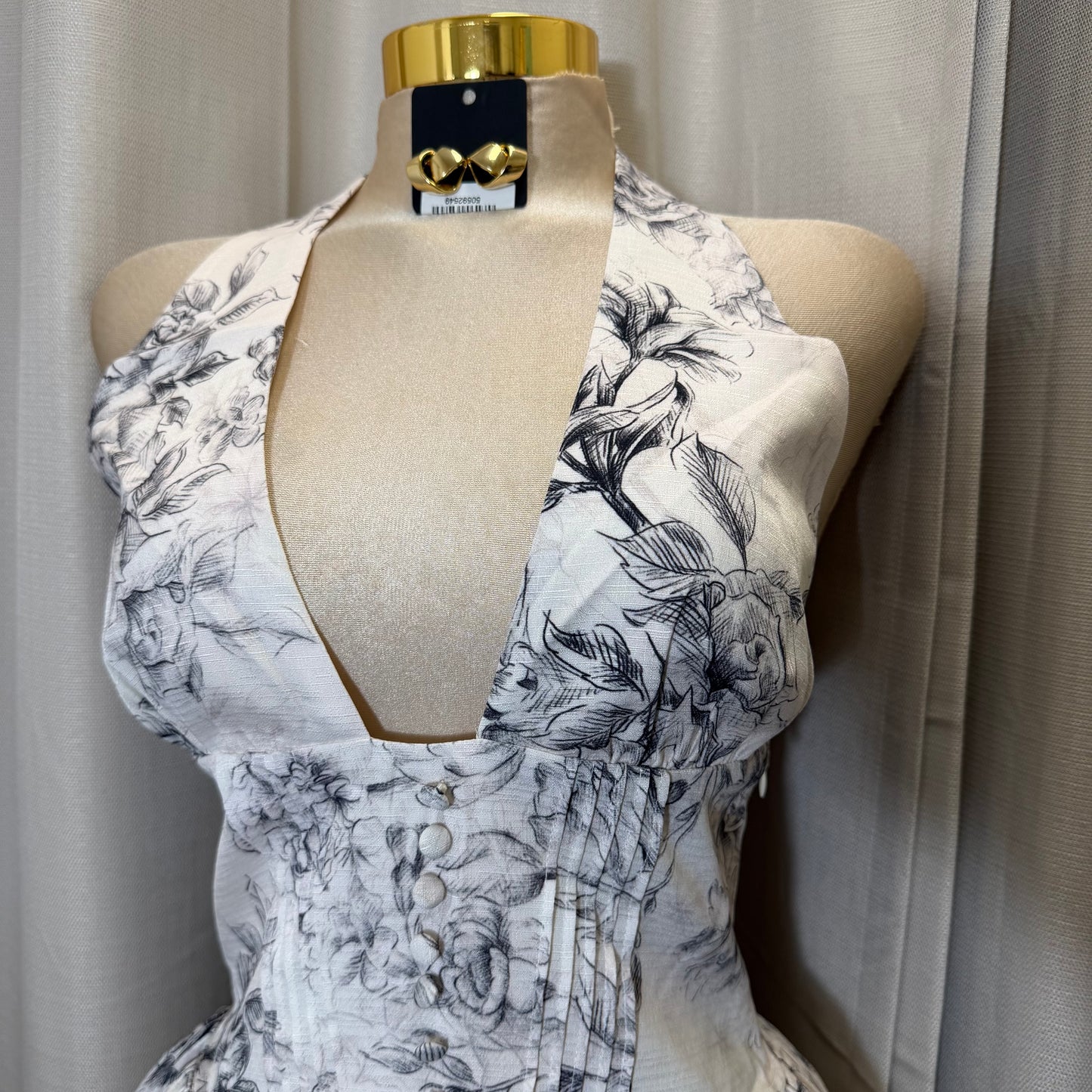 Floral Halter Neckline Open Back Smocking Fit-White/Black