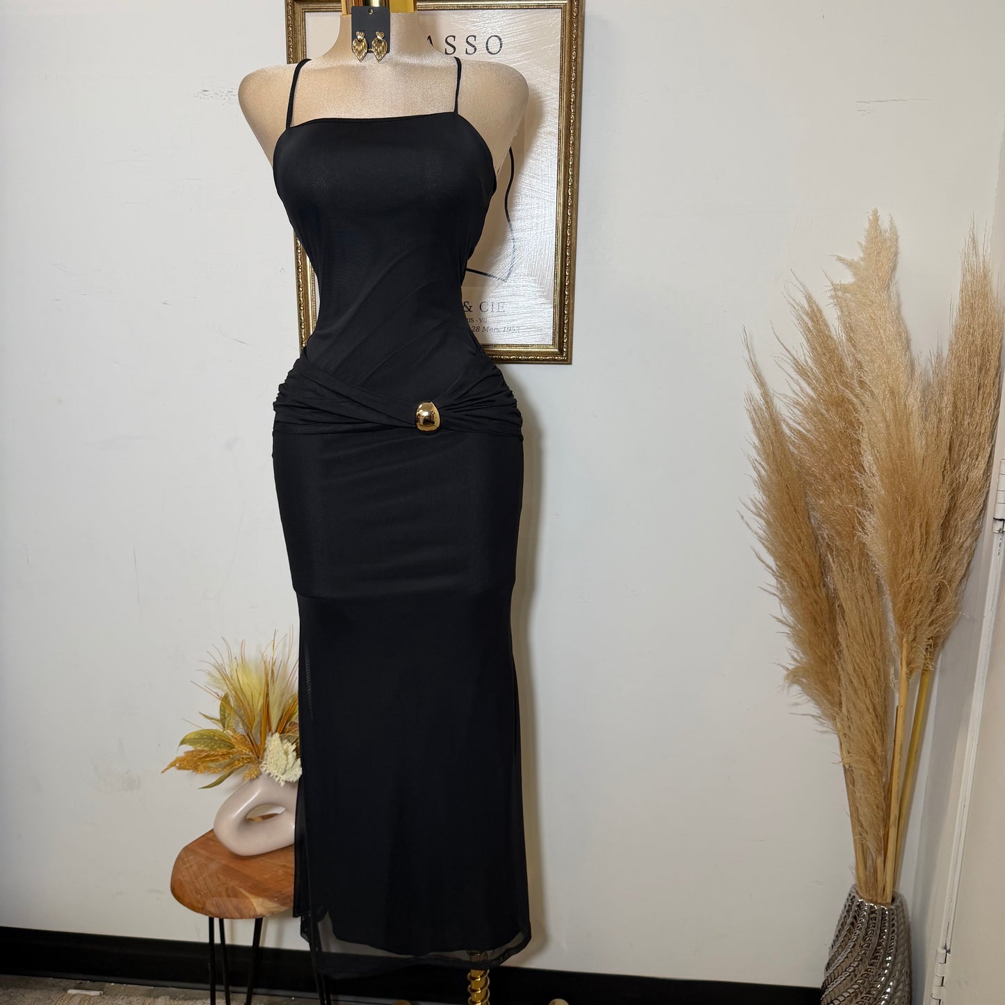 Solid Mesh Back Criss Cross Maxi Dress-Black