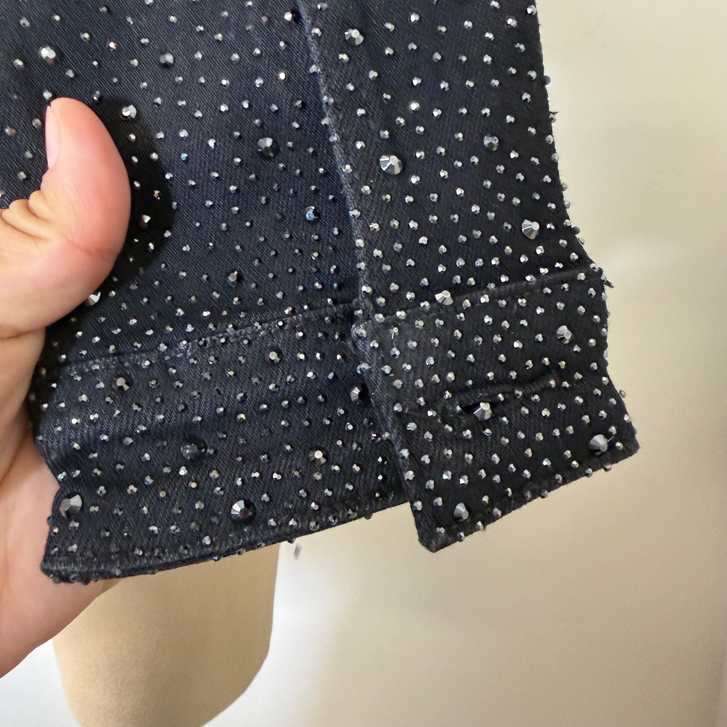 Rhinestone Cropped Jeans Jacket-Black