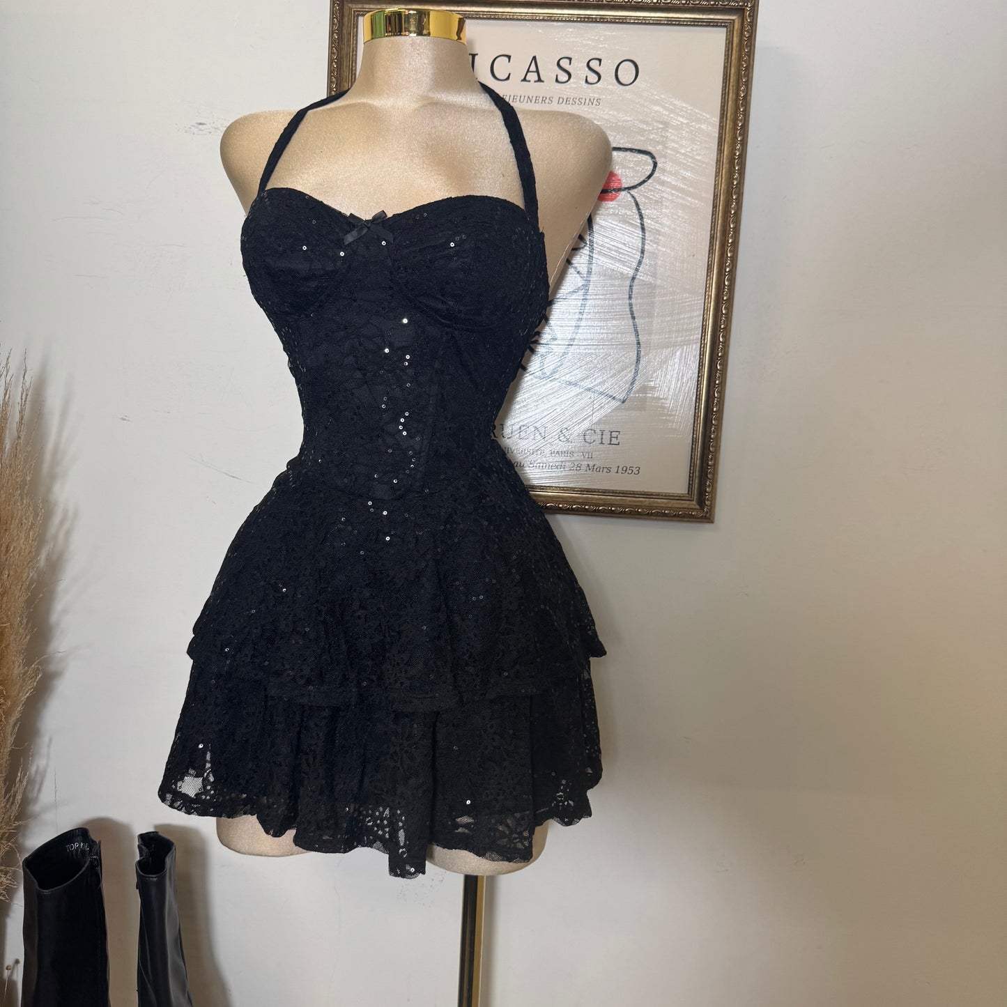 Sequined Halter Mini Dress with Tiered Skirt-Black