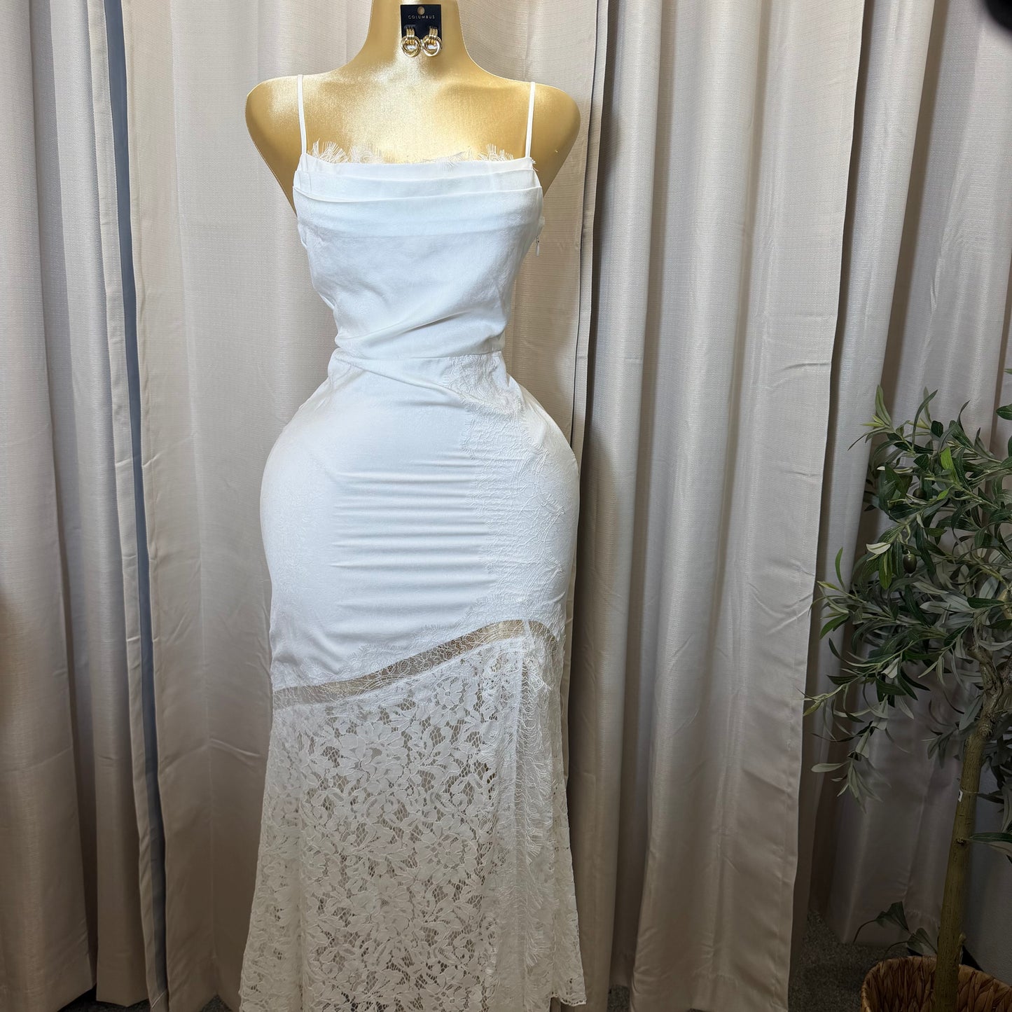 LACE DETAIL SATIN MIDI DRESS-White