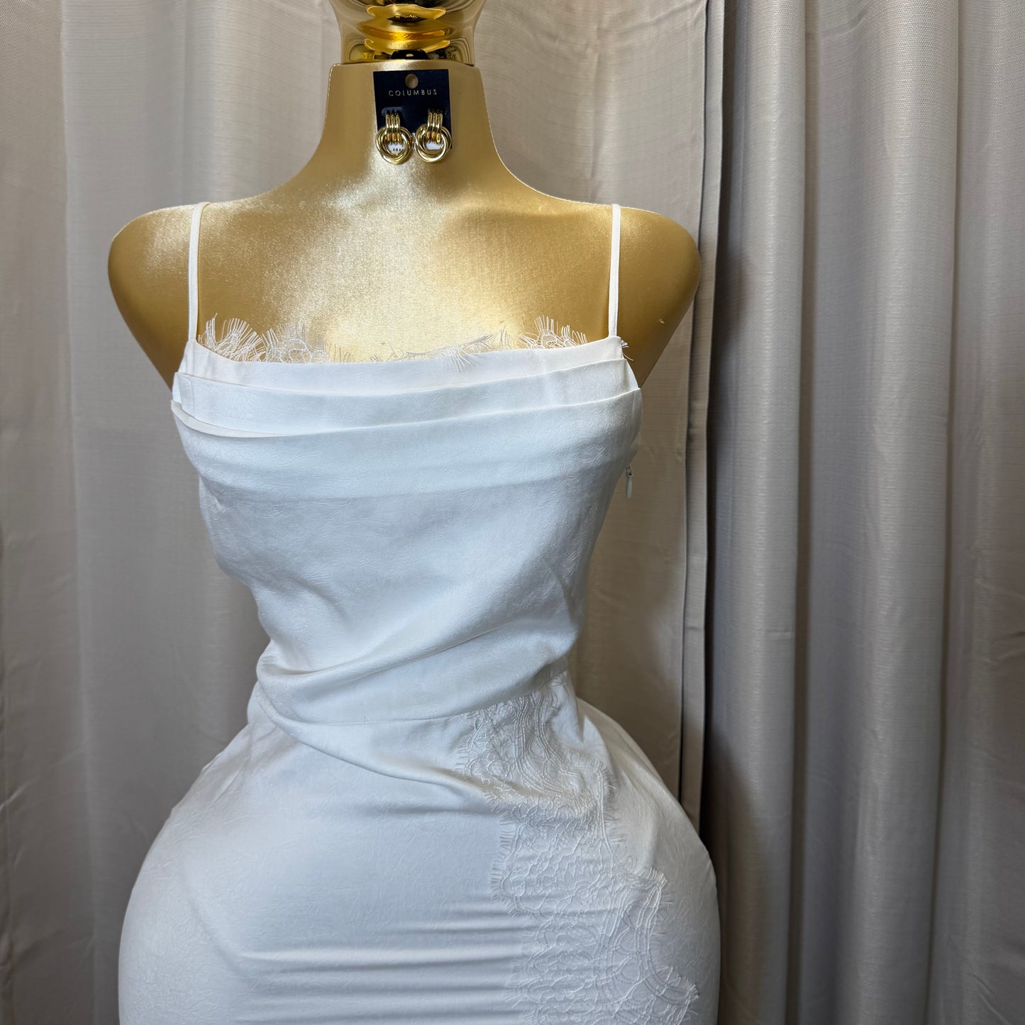 LACE DETAIL SATIN MIDI DRESS-White