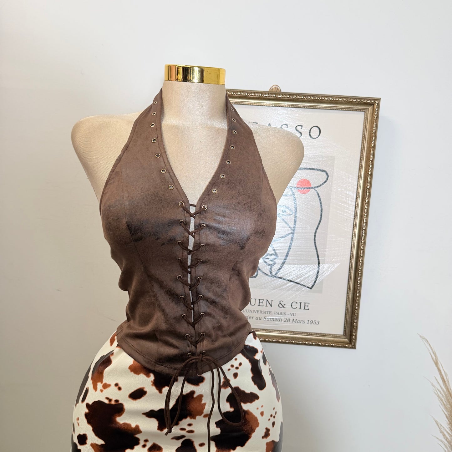 Tie Front Suede Crop Top-Chocolate