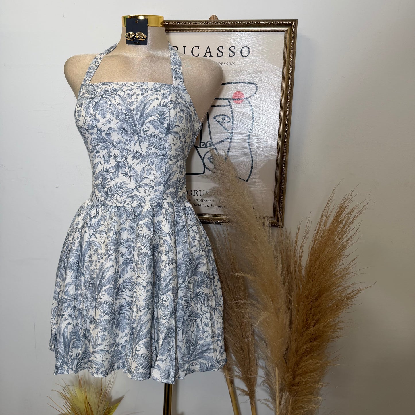 Tropical Toile Halter Mini Dress-Beige/Navy