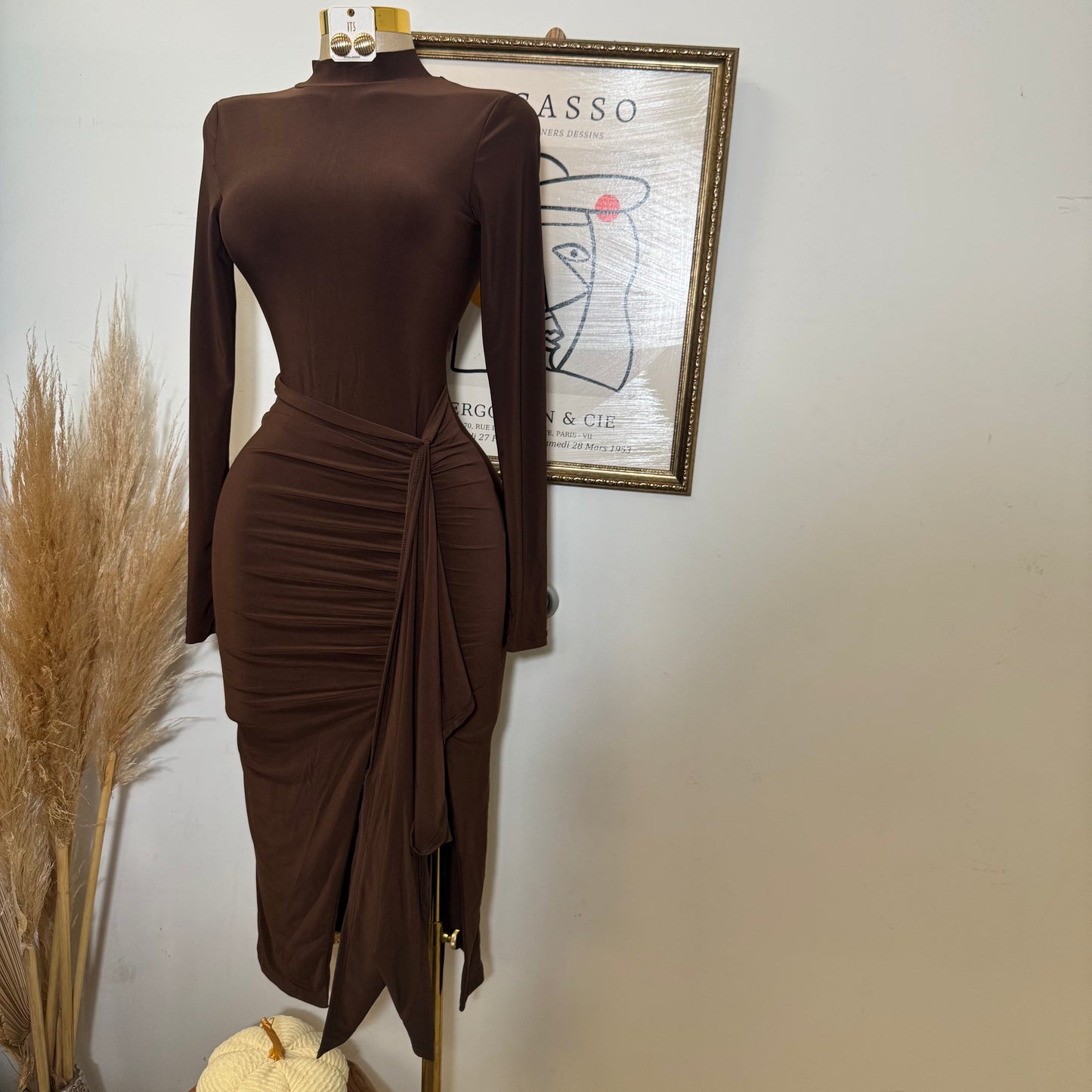 Mock Neck Ruffle Midi Dress-Brown