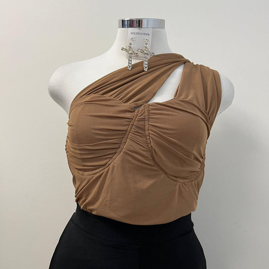 Nany One Shoulder Mesh Top -Taupe