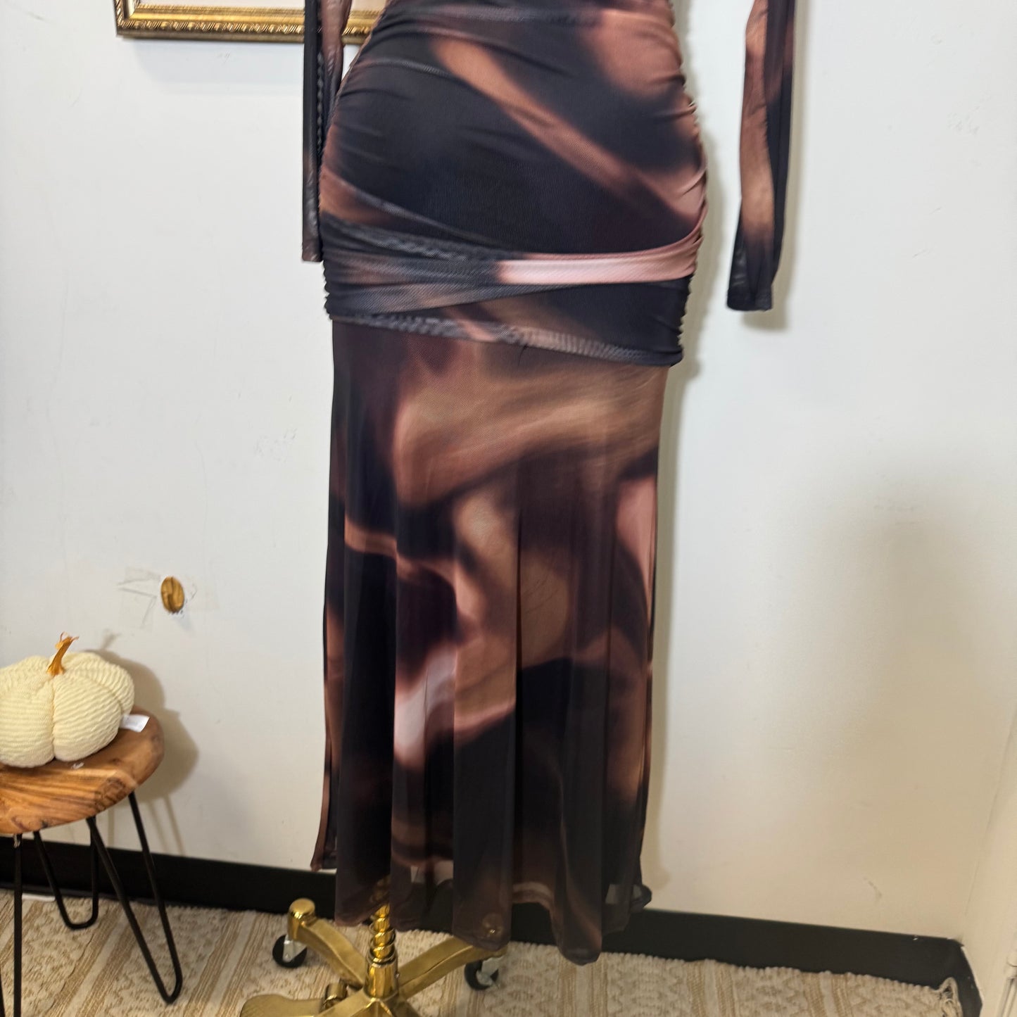 Geographic Mesh Maxi Dress-Brown Combo