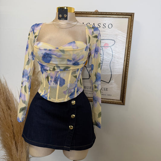 Long Sleeve Mesh Corset Top with Sewn bra Cups-Flower Print Yellow