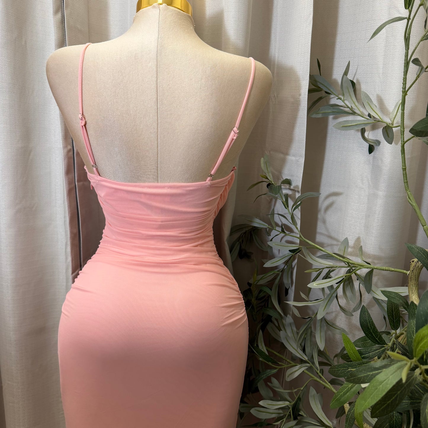 Mesh draped Slit Midi Dress-Baby pink