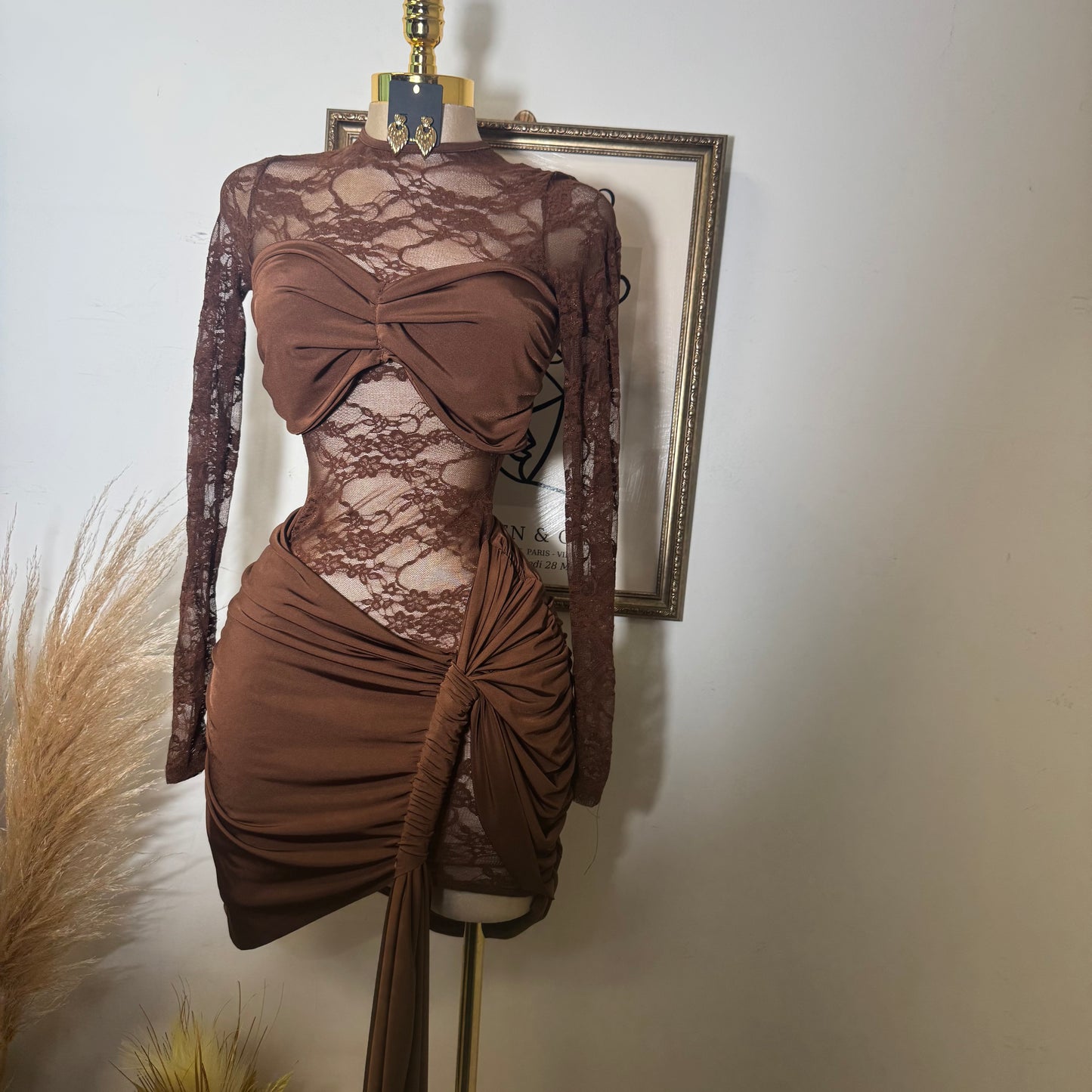 Long sleeve Lace Dress-Brown