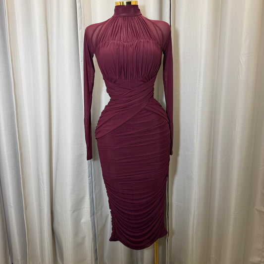 Long sleeve Mesh  Dress-Burgundy
