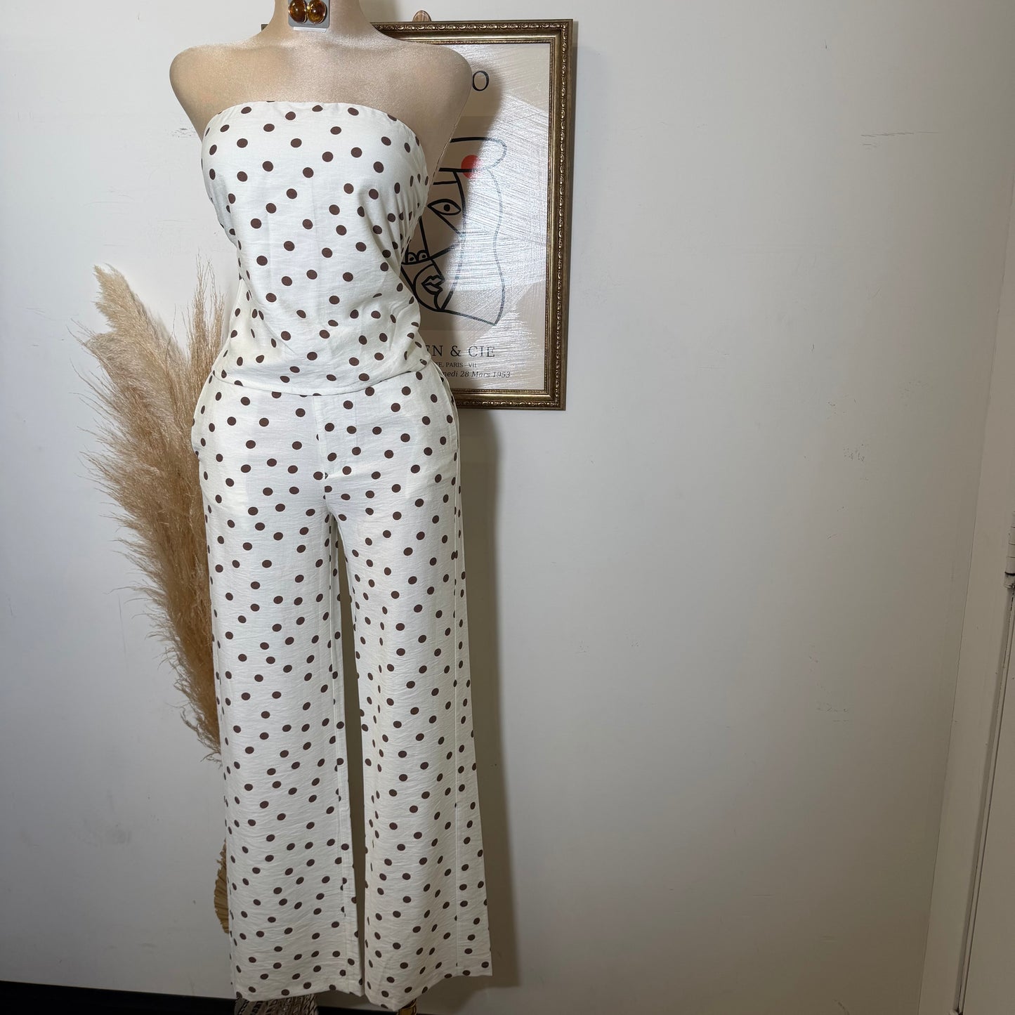 Polka Dot Strapless Wide leg Pant set-Ivory
