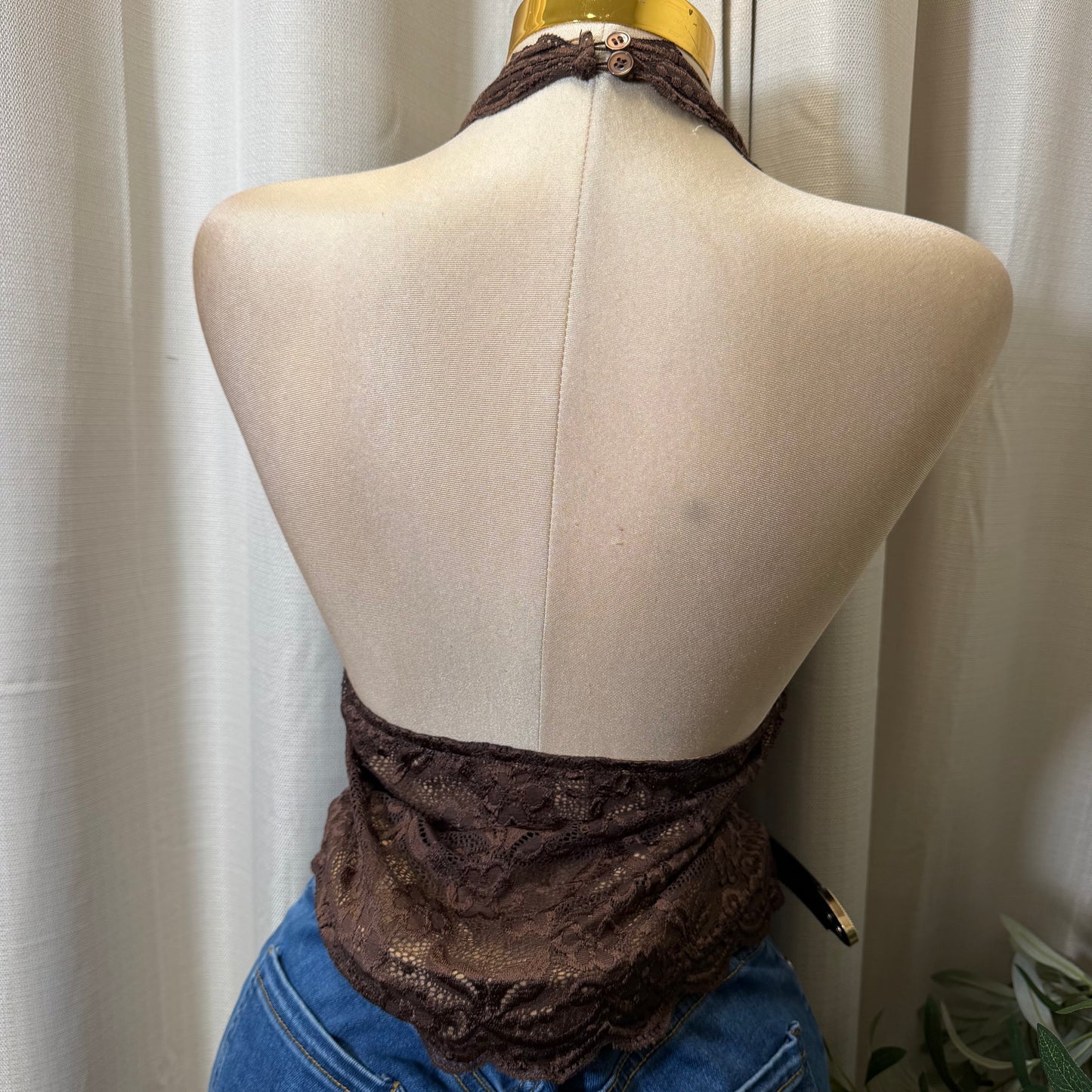 Floral Lace scalloped halter Top-brown