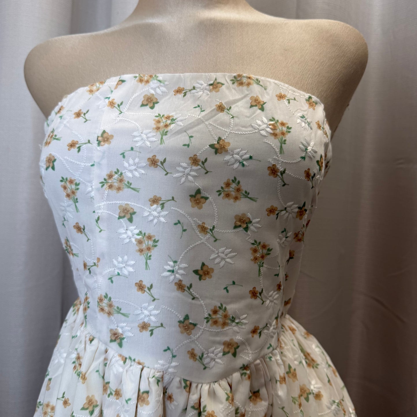 Strapless Floral Midi Dress-White/Yellow