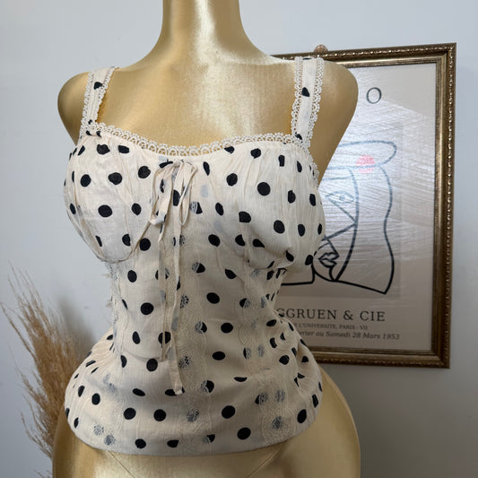 PL-Polka Dot Corset Tank Top with Smocked back- Beige/Black