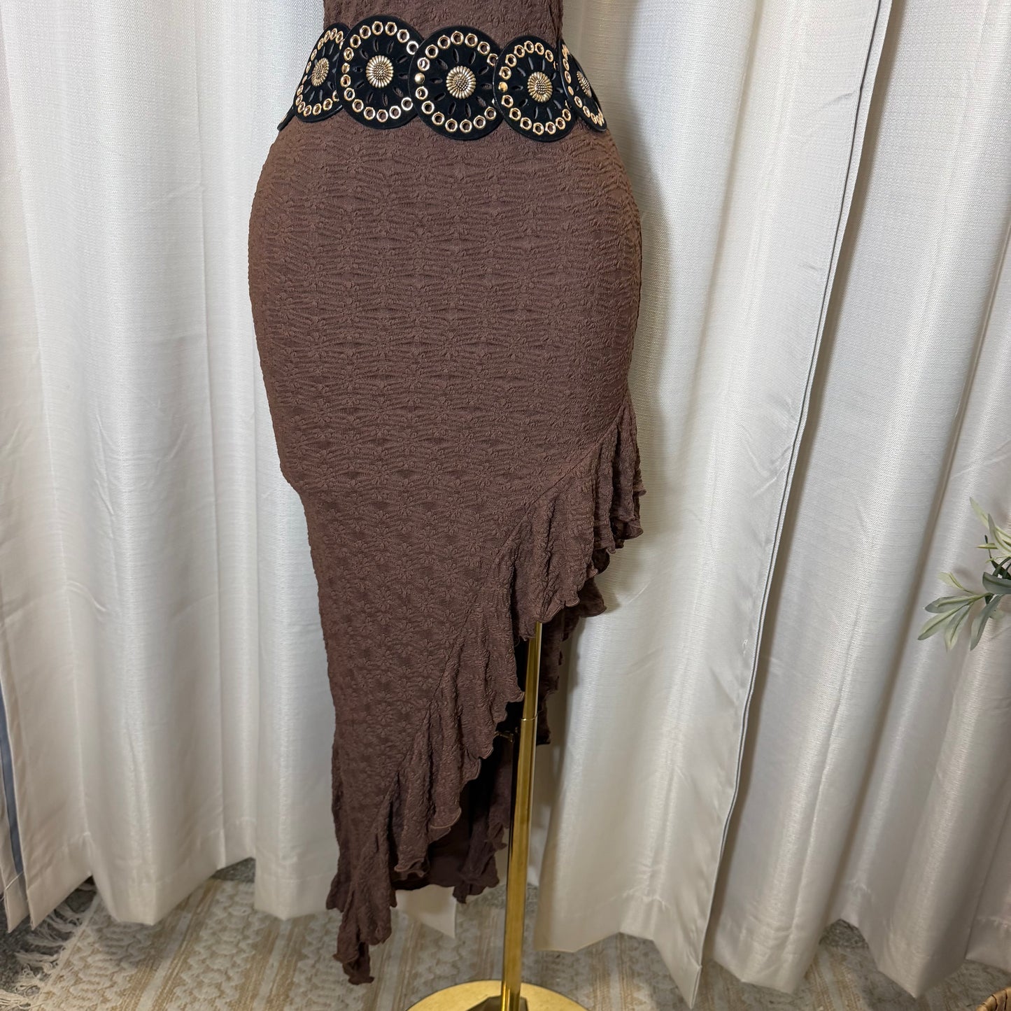 Daisy Asymmetric Skirt Midi Dress-Brown