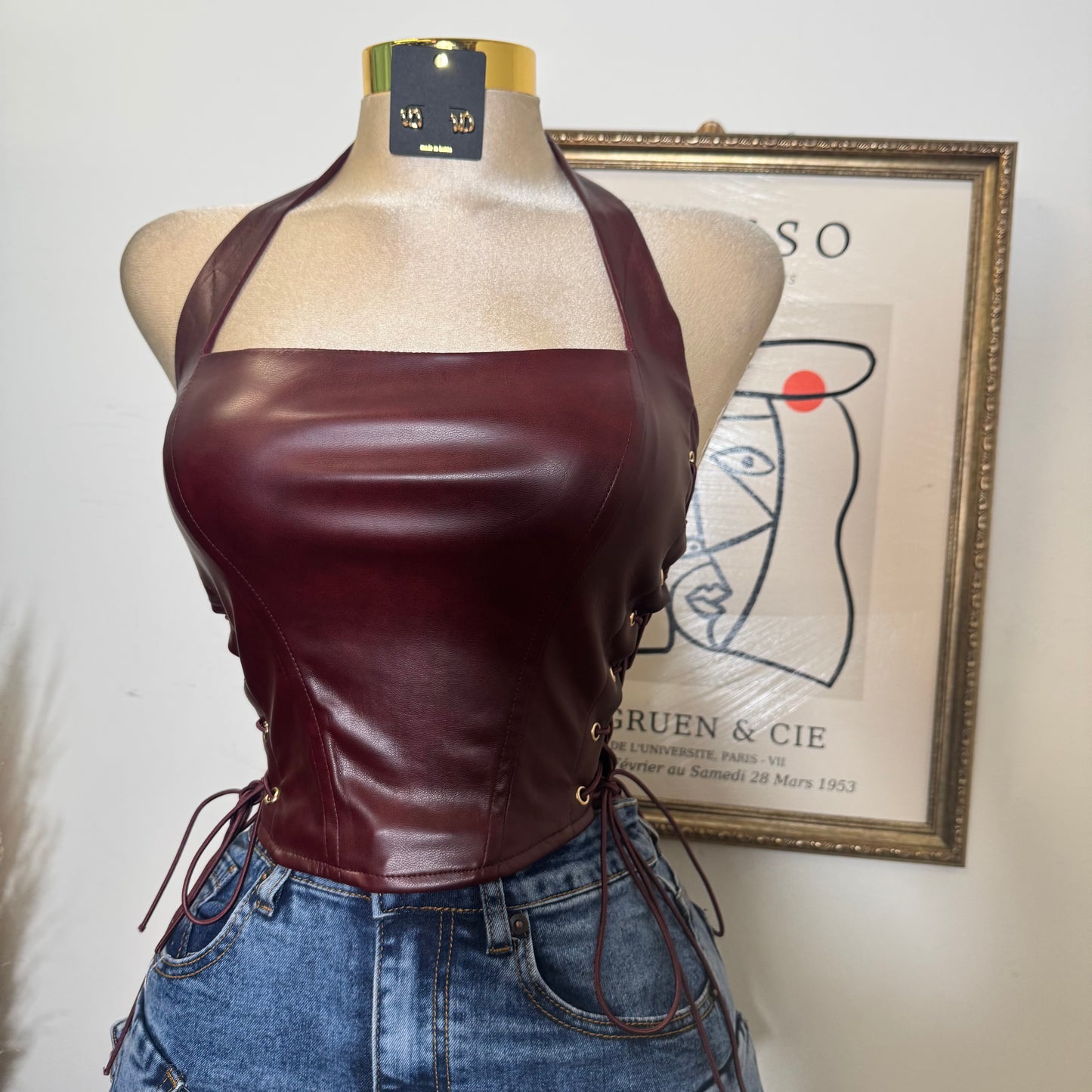Eyelet Side Detail Halter Neck Corset Top-Wine