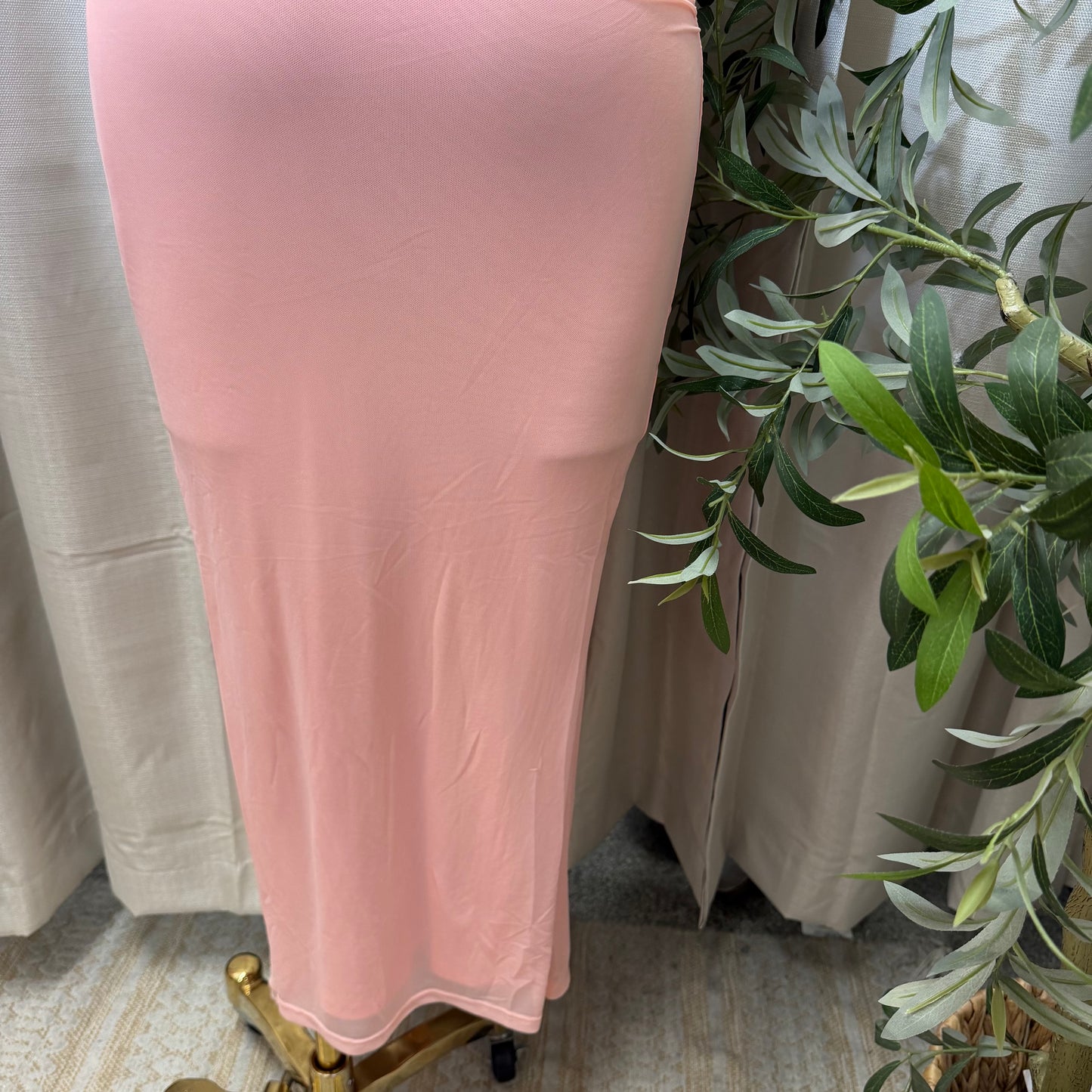 Mesh draped Slit Midi Dress-Baby pink