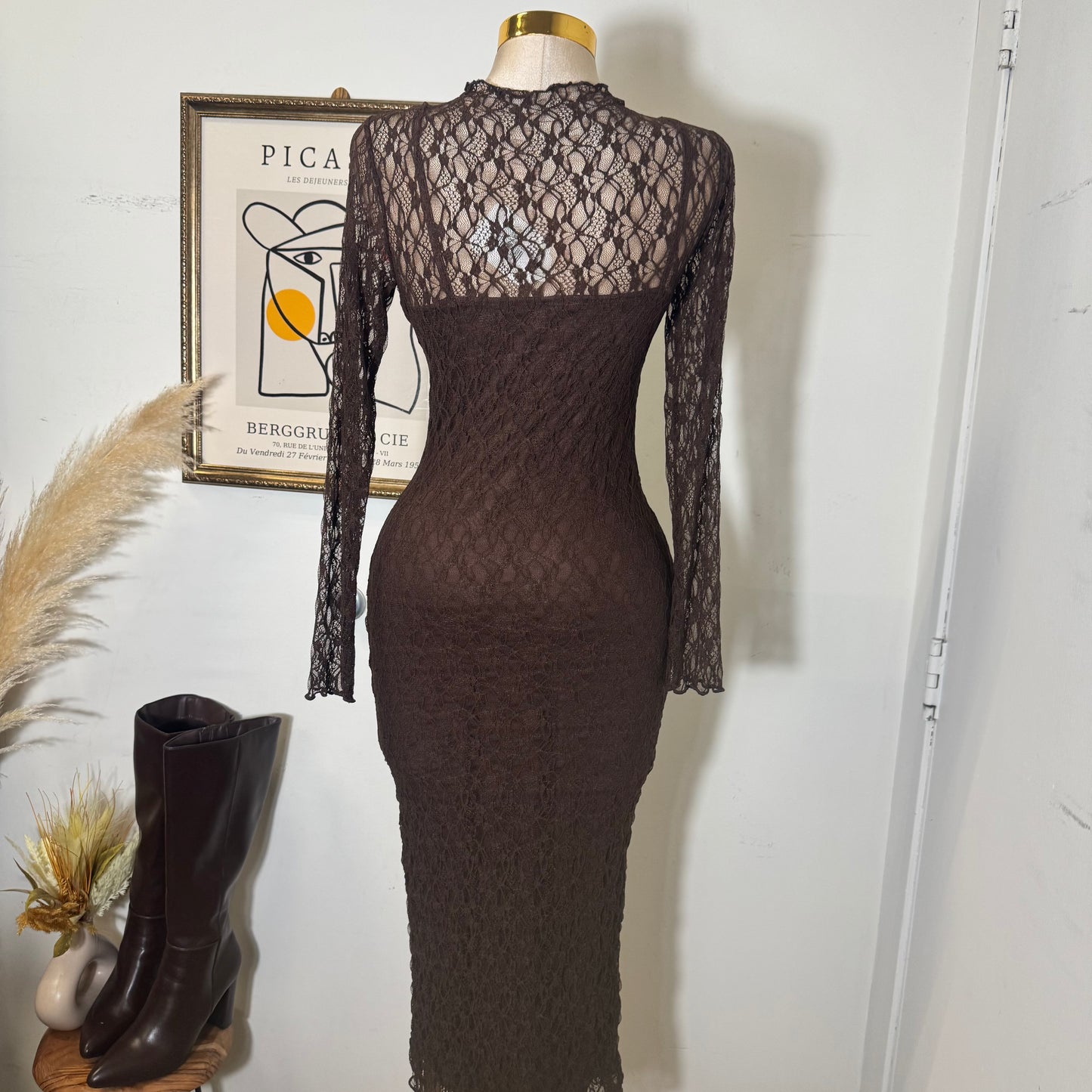 Rosie Lace Midi Dress-Brown