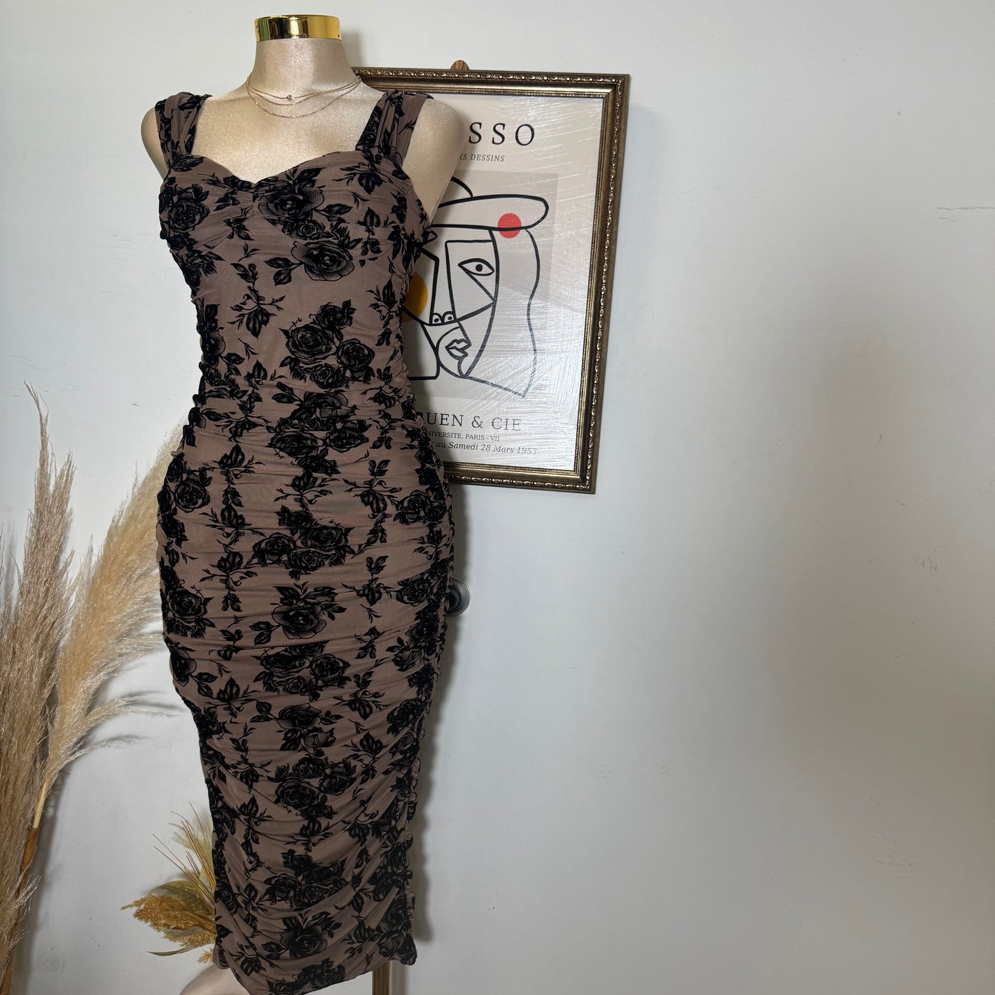 Off the shoulder Ruched Midi Dress-mocha Black