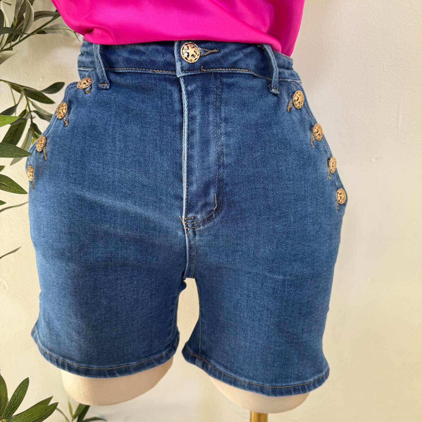 High Waisted Mom Shorts with Button on the side-Denim Blue