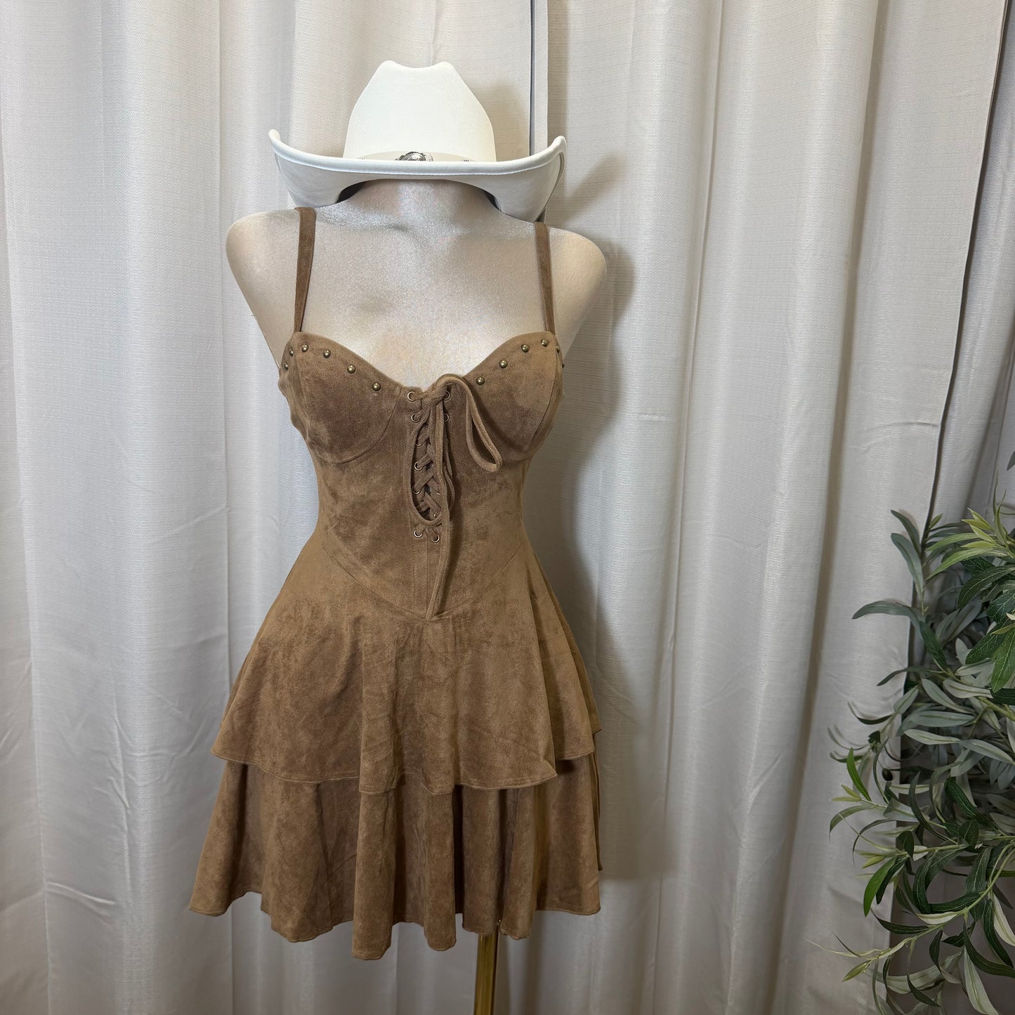 Studded Lace Up Tiered Mini Dress-Brown