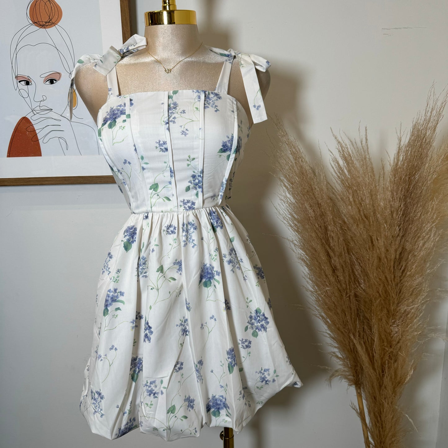 Coqueta Floral Bubble Skirt Dress-White/Blue