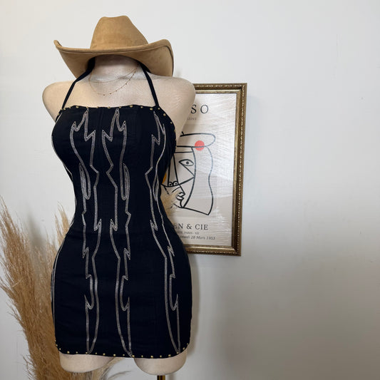 Stretch Embroidered Western Mini Halter Dress-Black