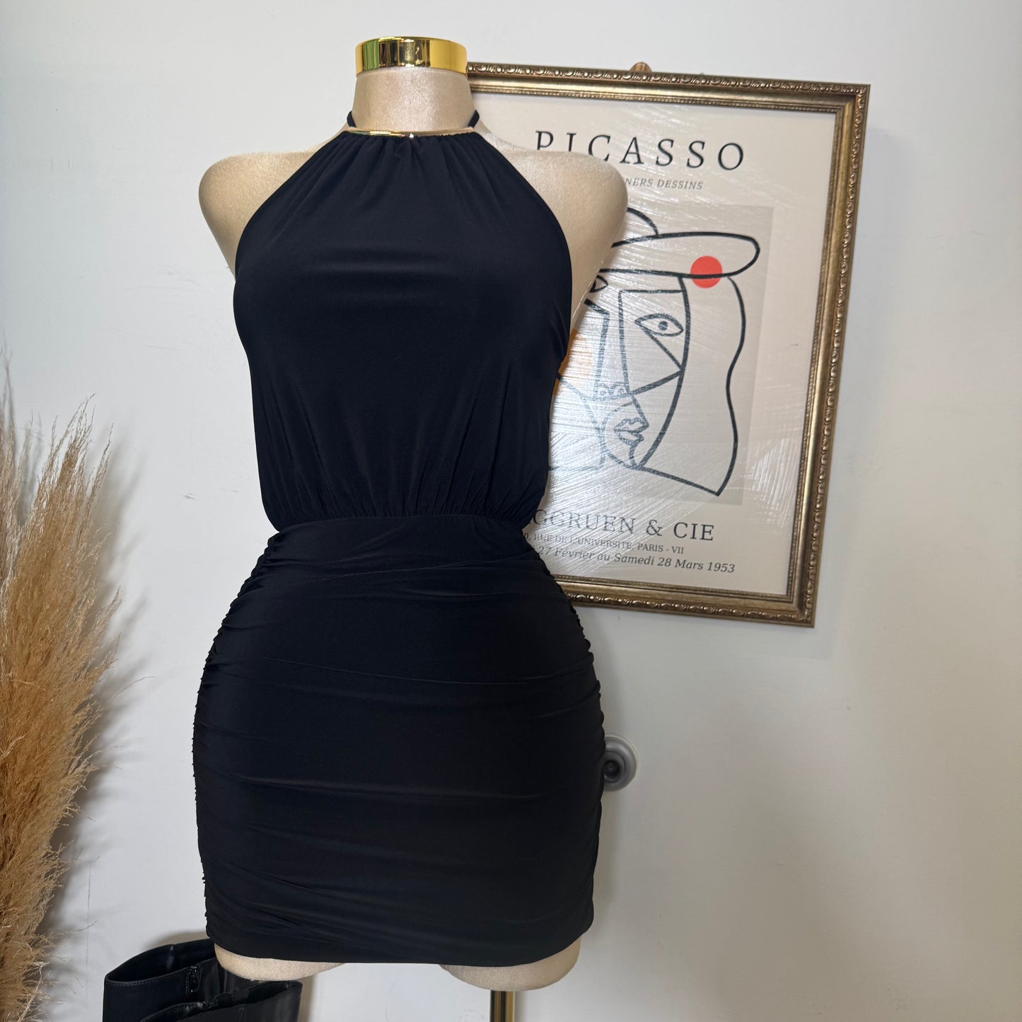 Halter With Gold Trim Mini Dress-Black