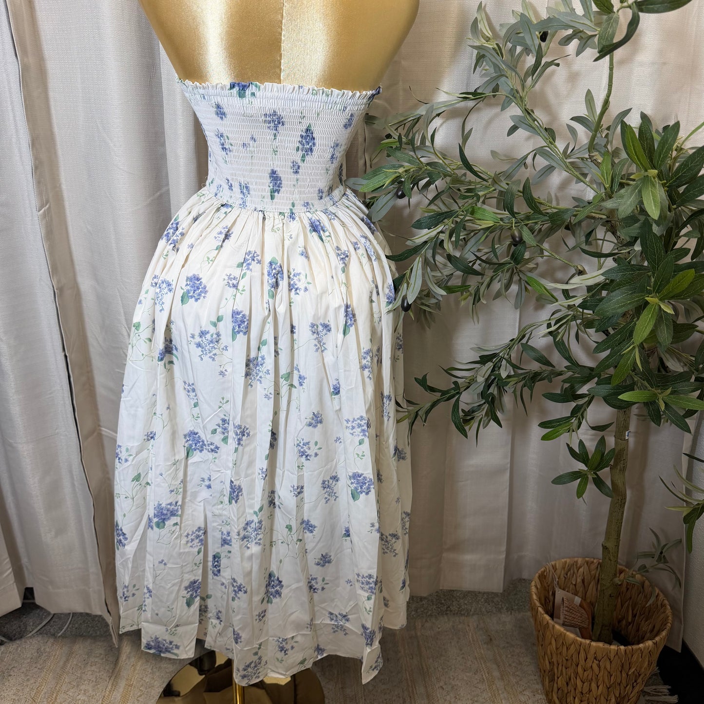 Strapless Floral Midi Dress-White/Blue