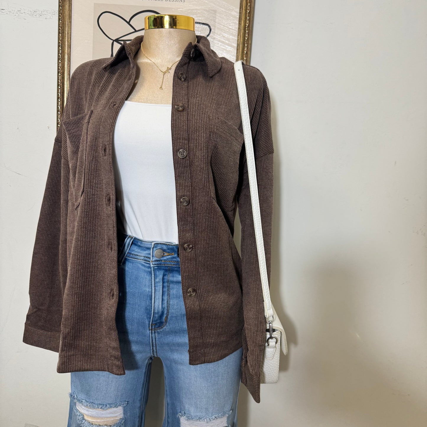 Oversized Pinstripe Collared Button Down Shacket-brown