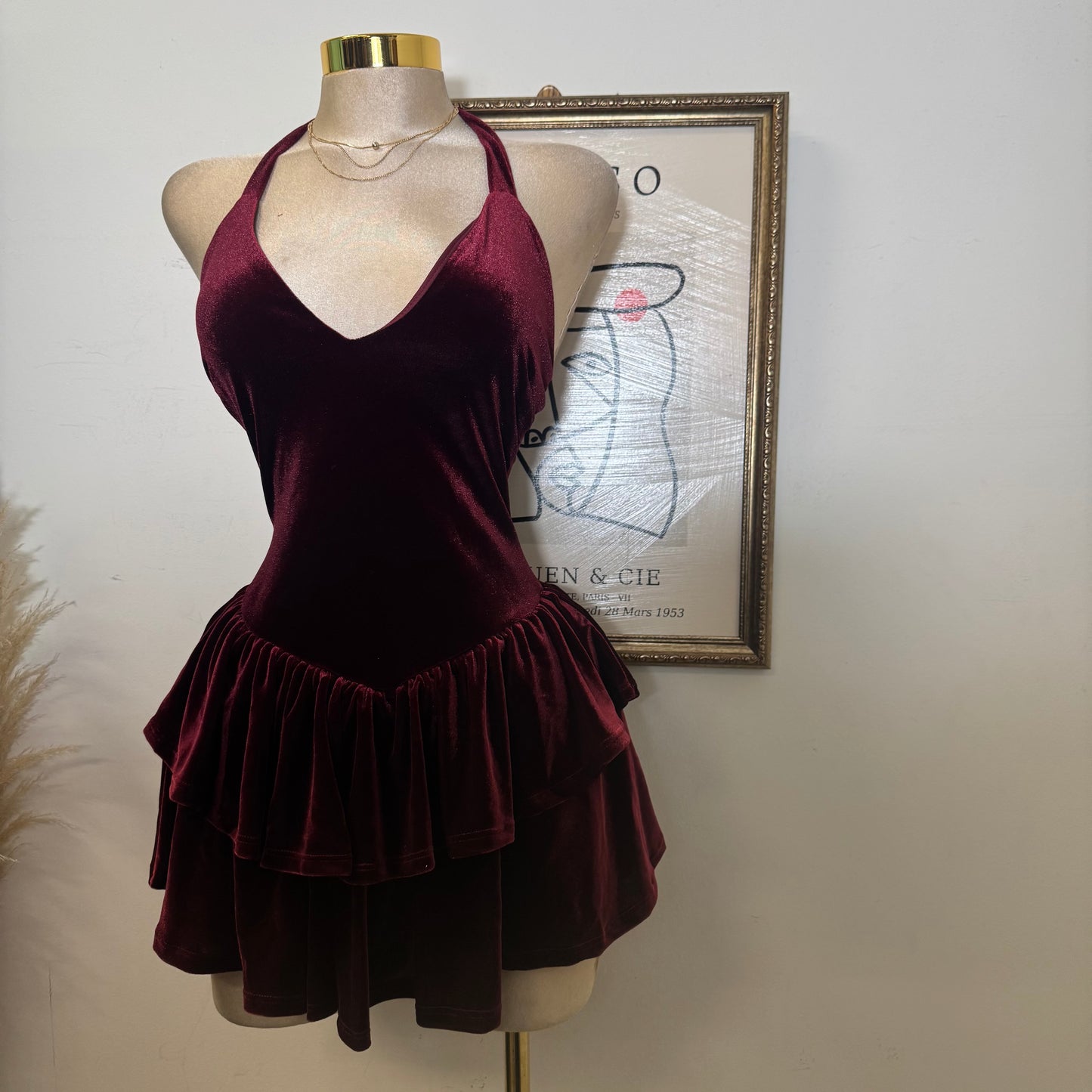 Velvet Halter Double Layer Fit and Flare Dress-Burgundy