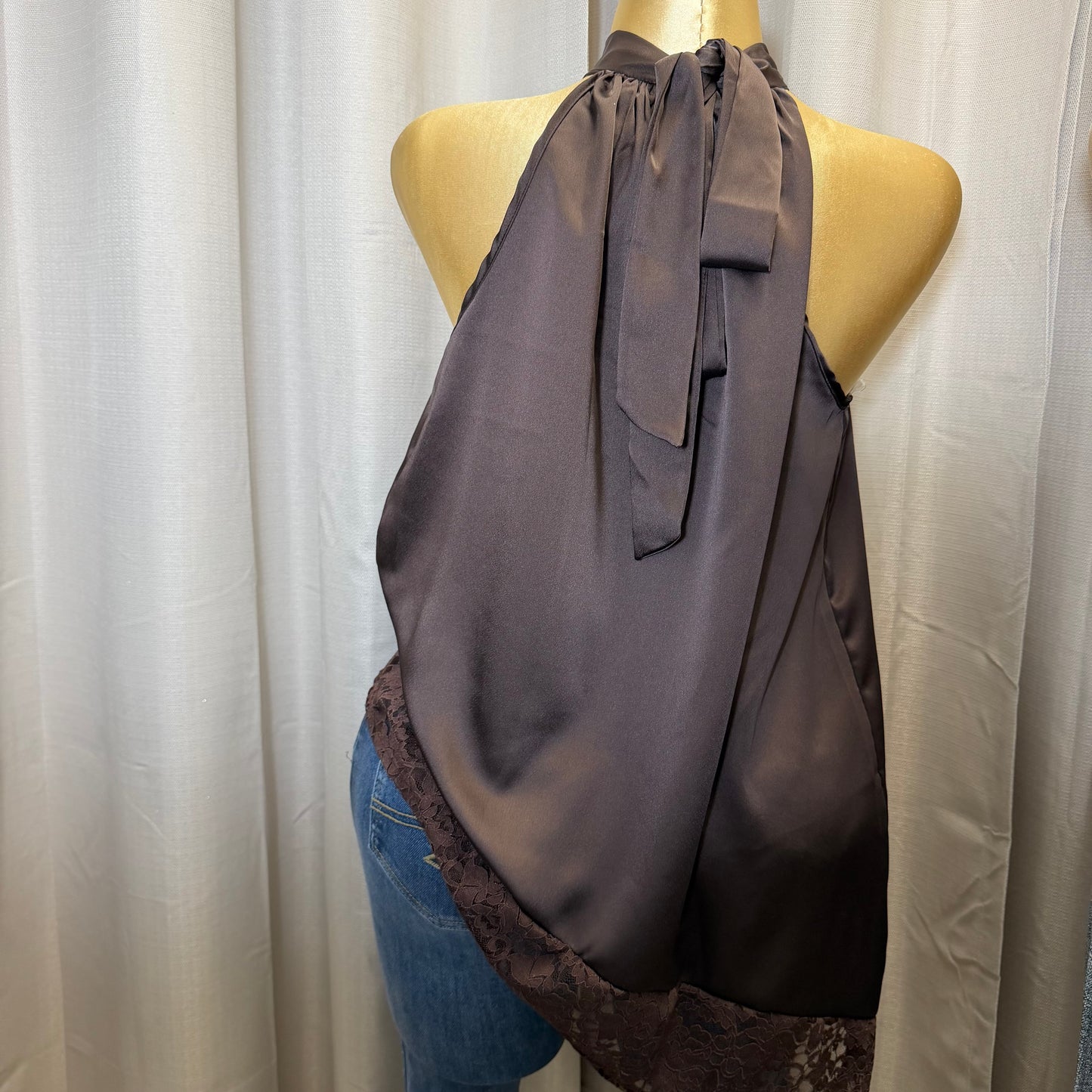 Satin Lace Asymmetrical Top-Brown