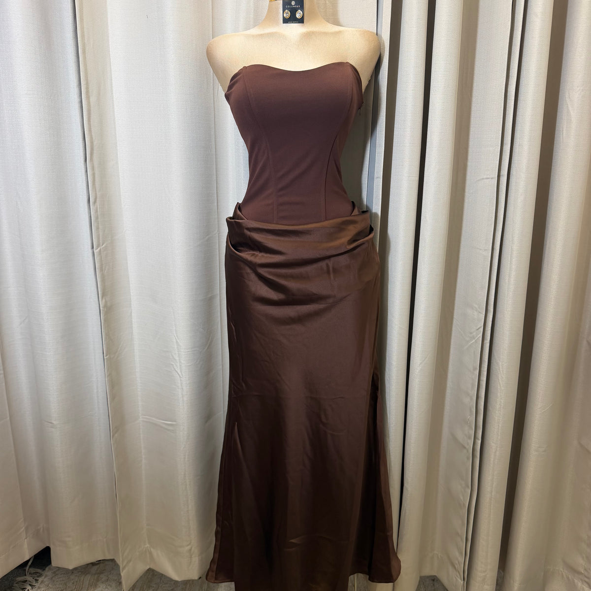 Satin Strapless Sweetheart Neckline Cowl Hip lace Maxi Dress-Brown