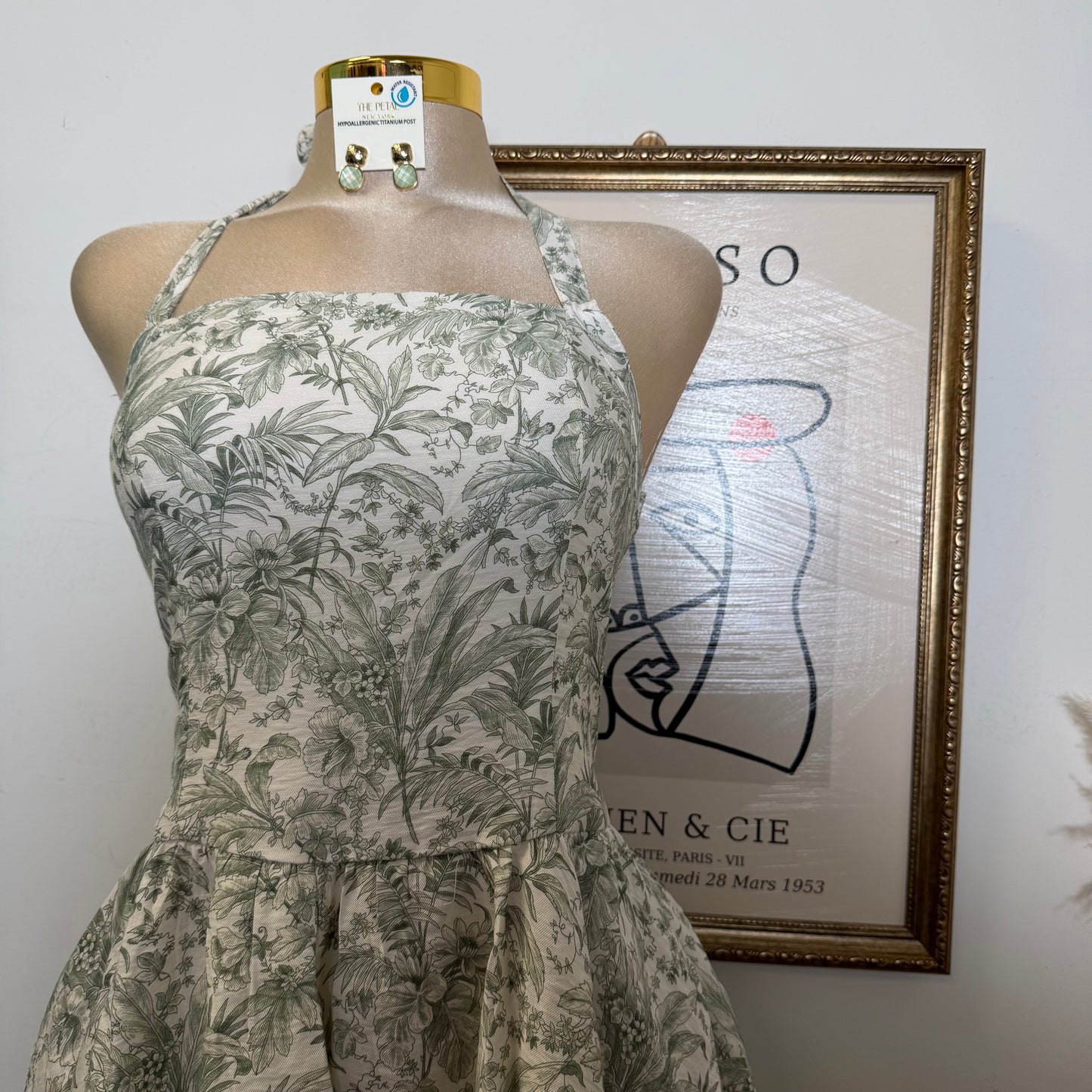 Tropical Toile Halter Mini Dress-Beige/Olive