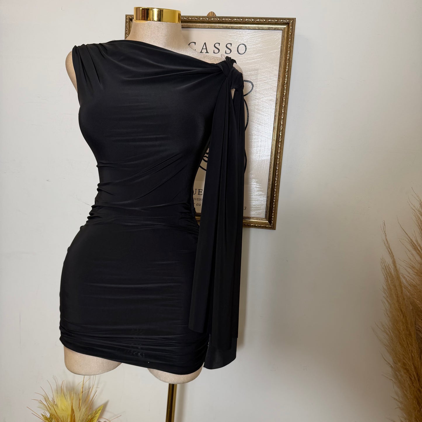 Off Shoulder Ruched Side Tie Mini Dress-Black