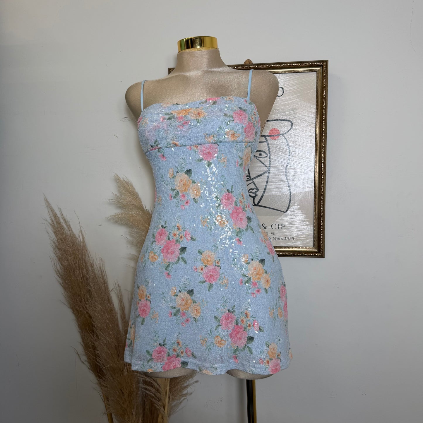 Sequins Floral Pleated A-Line Mini Dress-blue