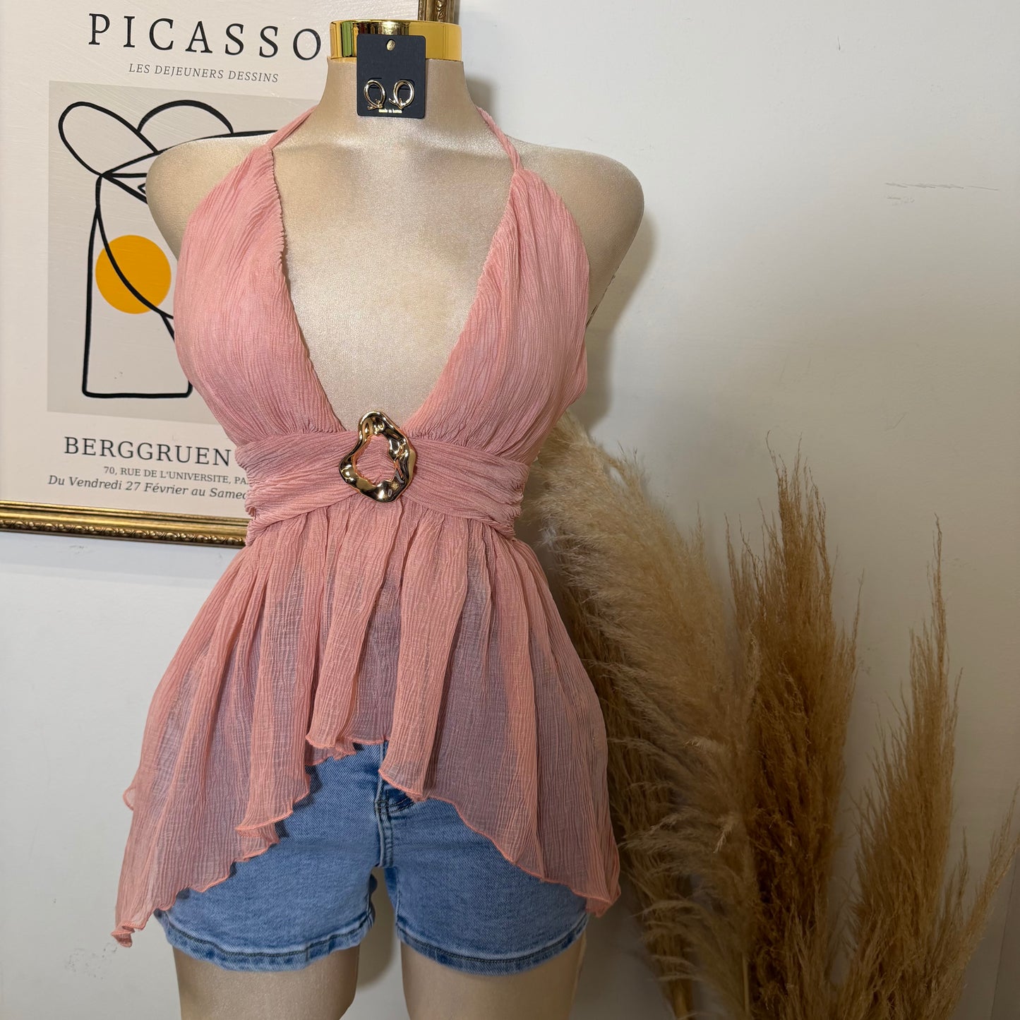 Textured Open back Top With Trim-Pink