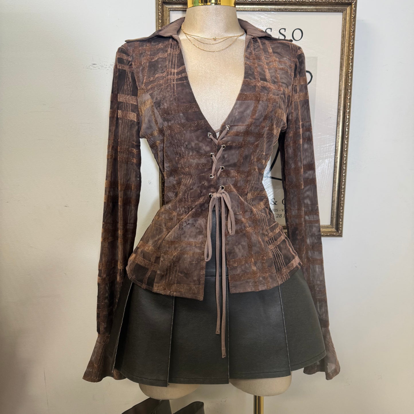 Collared Mesh Open Detail In the Front -Brown
