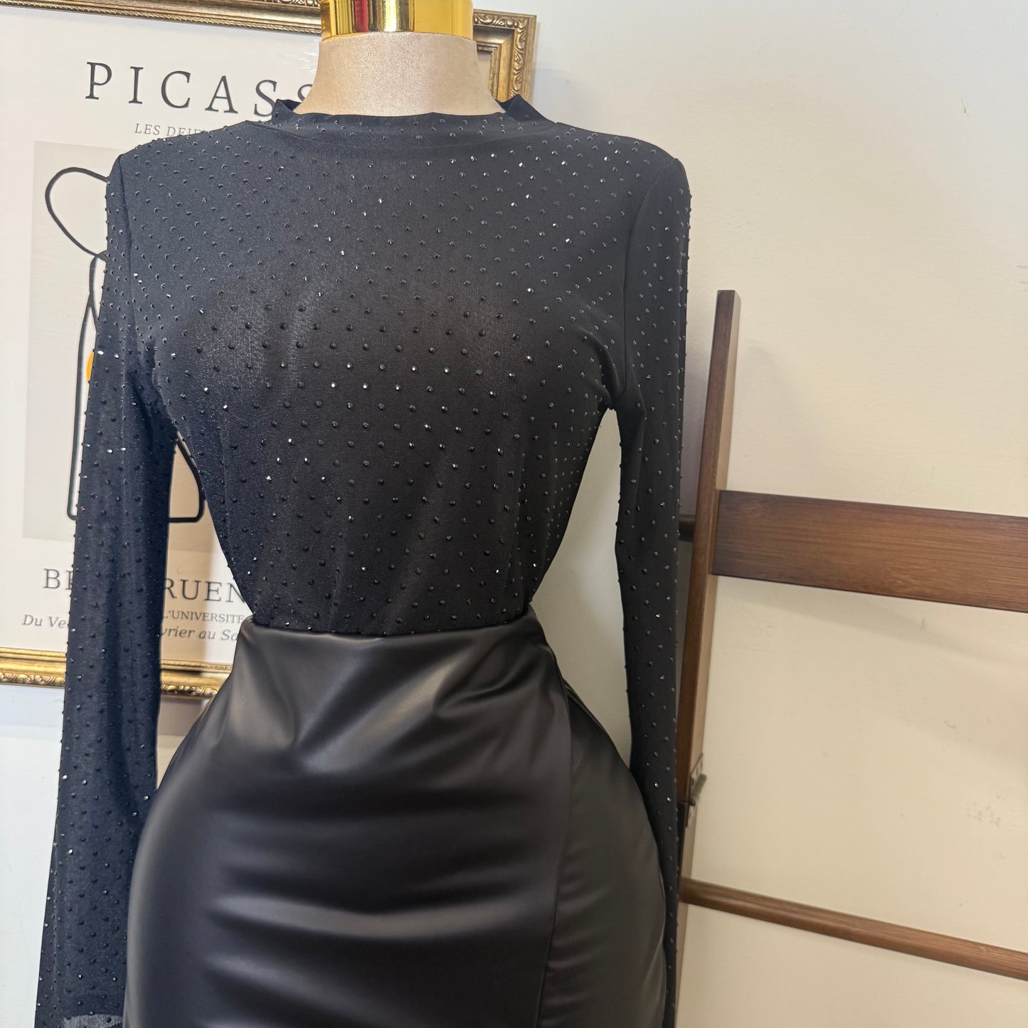 Long Sleeve Fitted Top in Mesh Black Rhinestone-Black