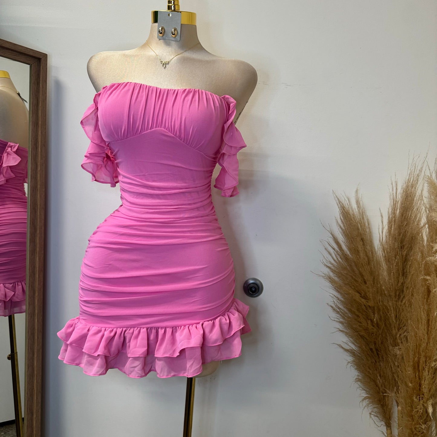 Annalise  Off Shoulder Mesh Asymmetrical Ruffle Hem Dress-Pink