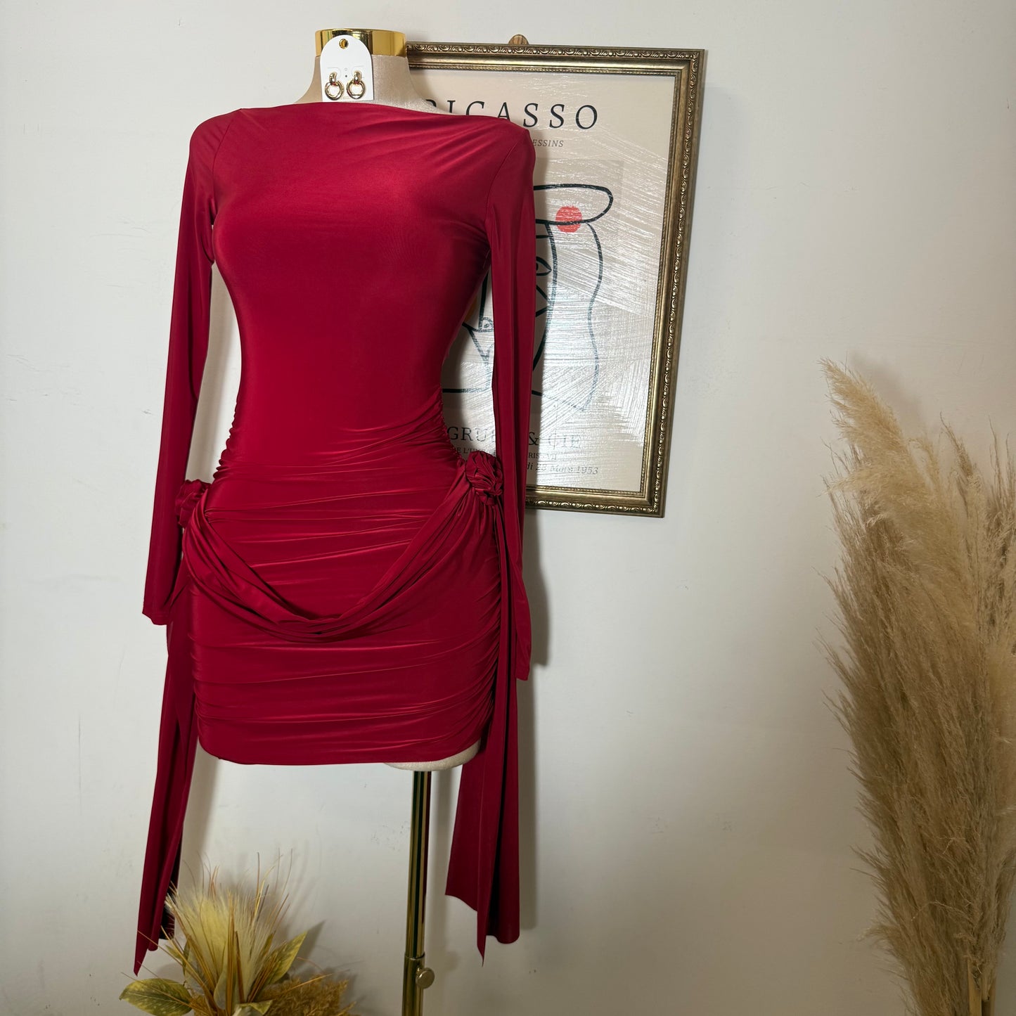 Long Sleeve Ruched Mini Dress-Dark Red