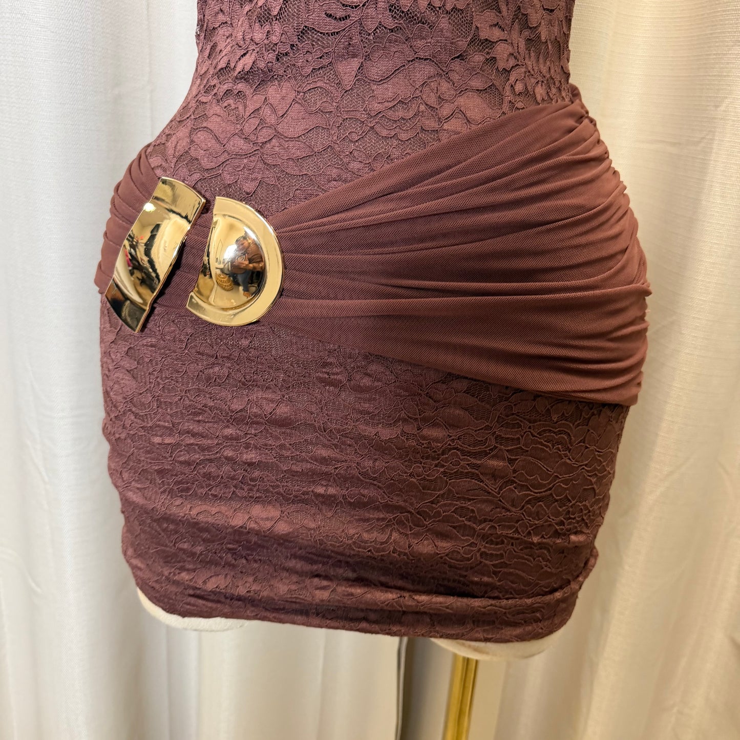 Halter Lace Gold Detail Mini Dress-Brown