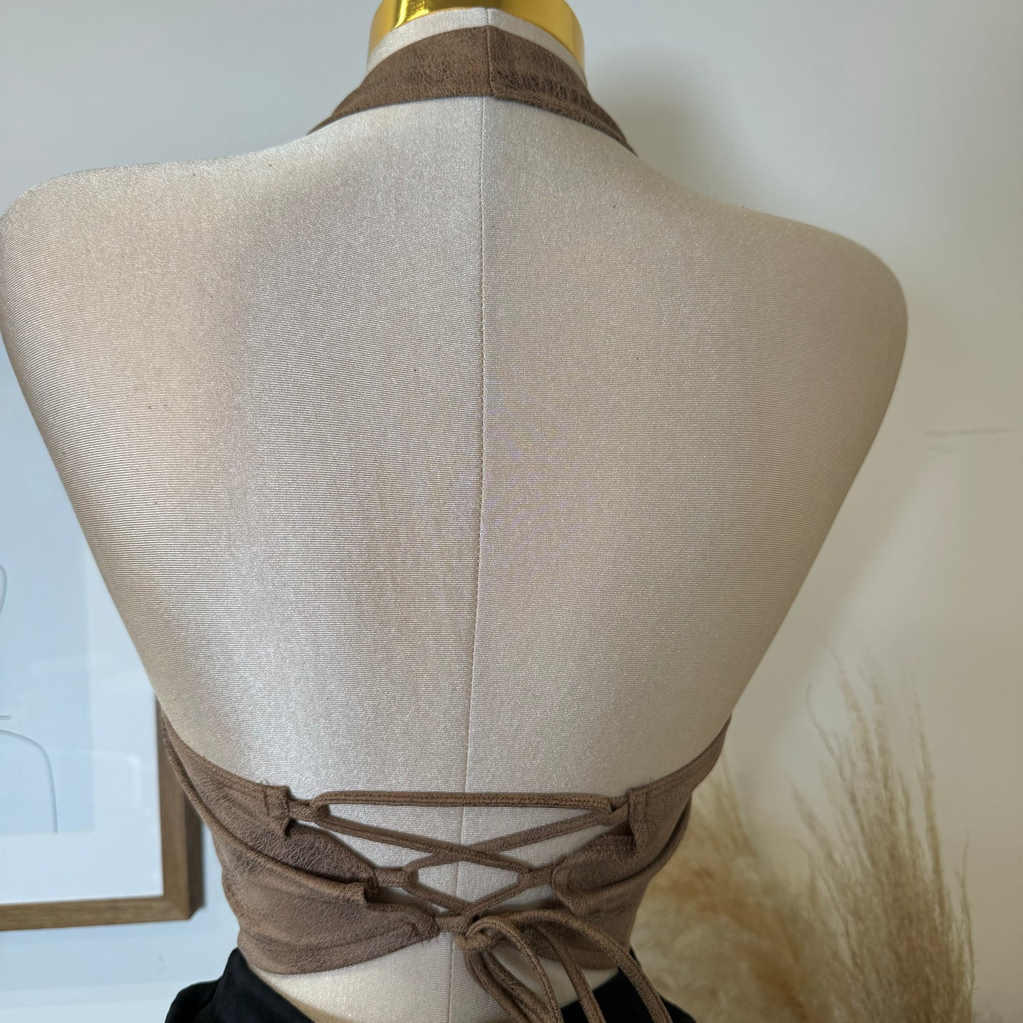 Suede Halter Crop Top Leather- Brown