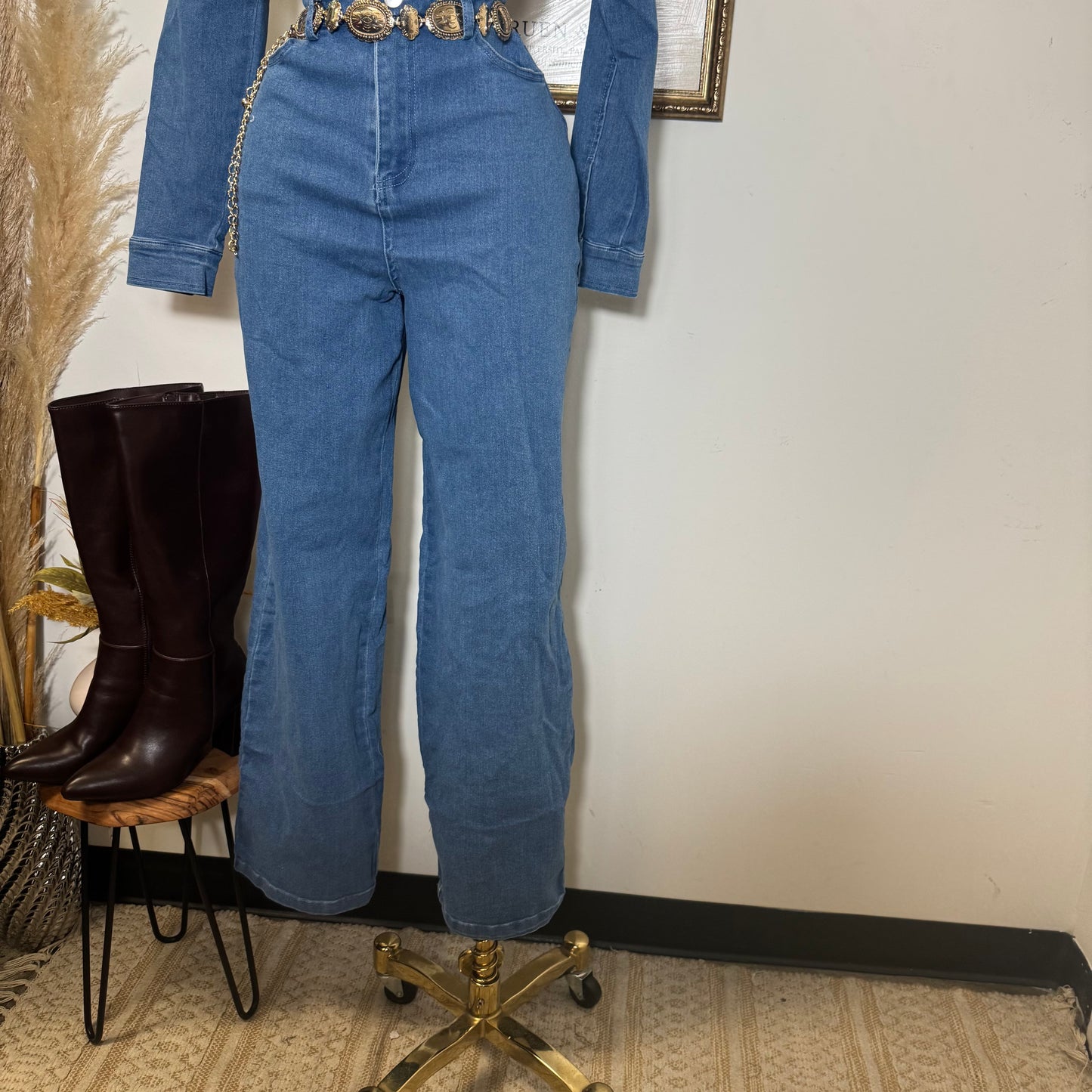 Denim Button Long Sleeve Jumpsuit -Medium Wash