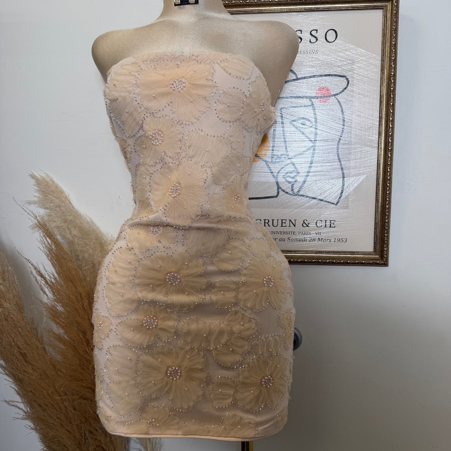 Flower Textured Mesh Tube Mini Dress-Blush