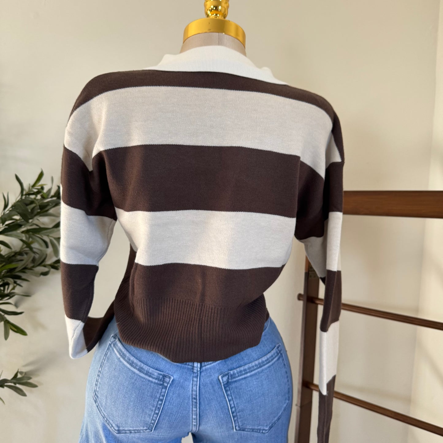 Striped Cropped Sweater-Brown