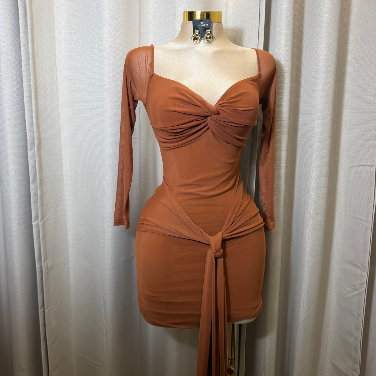 Long Sleeve Off Shoulder Mesh Dress-Brown