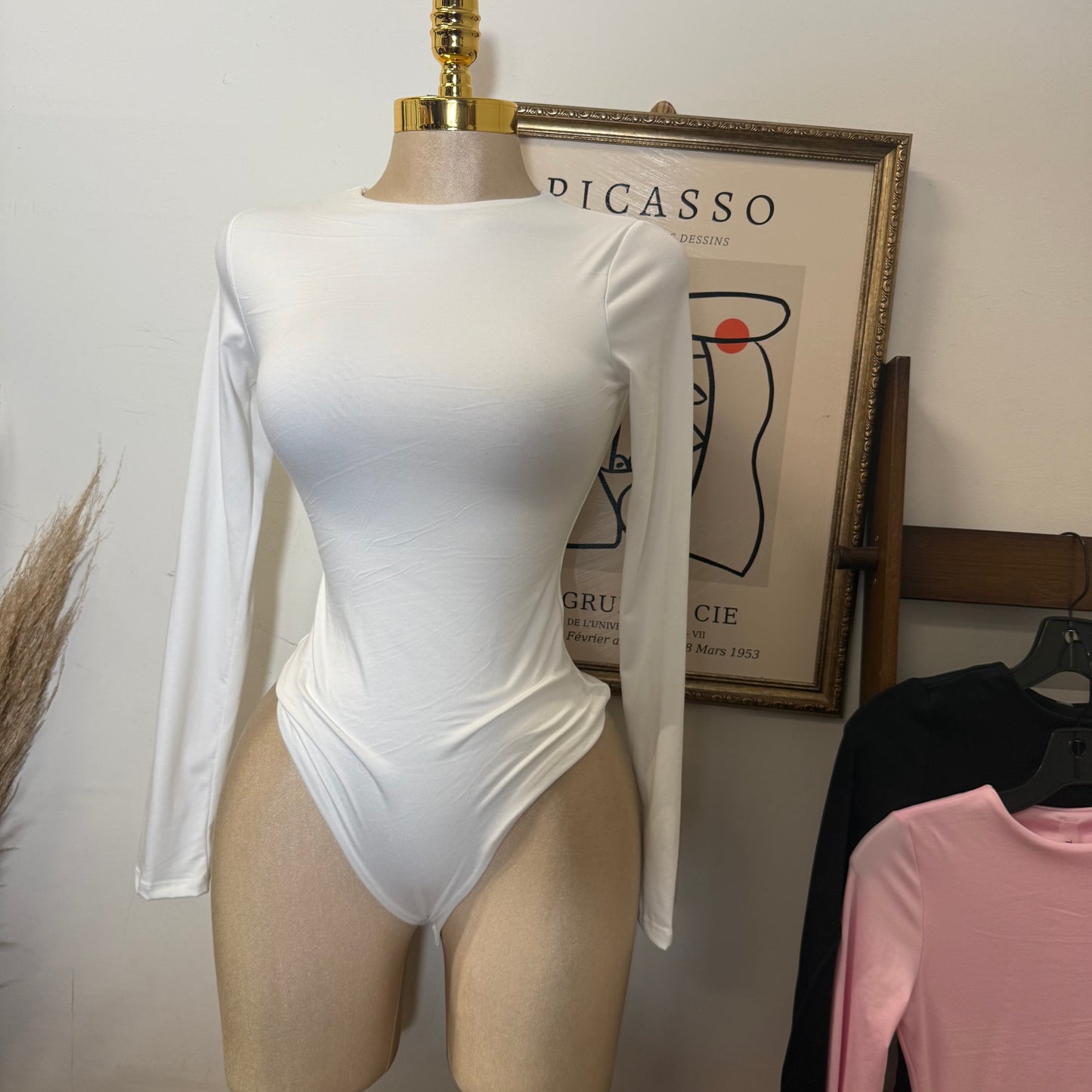 Long Sleeve Crew Neck Thong Bodysuit-White